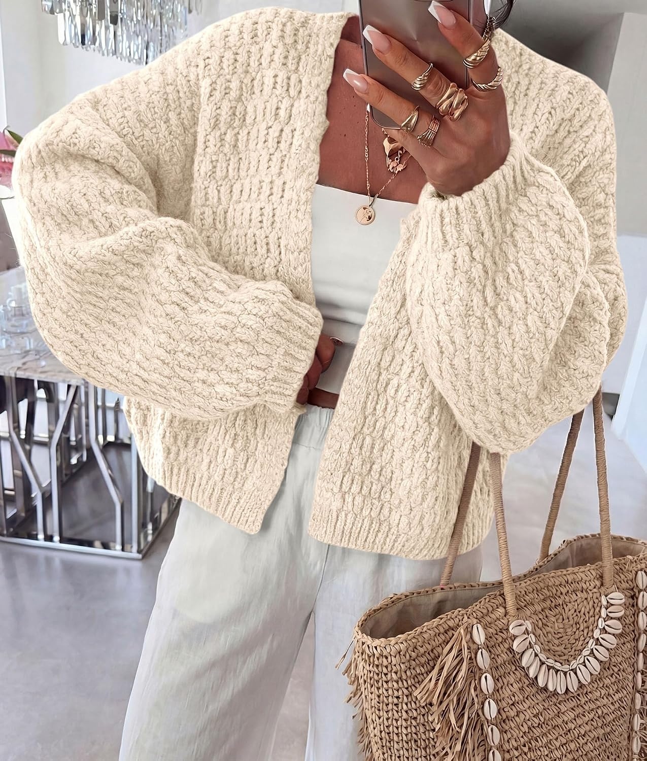 image:imagePRETTYGARDEN Womens Fall Cardigan Open Front Chunky SweatersBeige