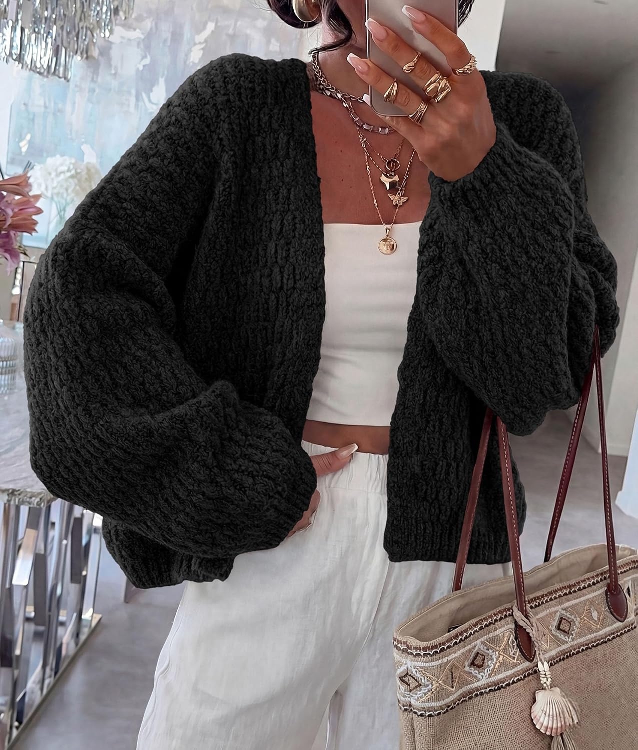 image:imagePRETTYGARDEN Womens Fall Cardigan Open Front Chunky SweatersBlack