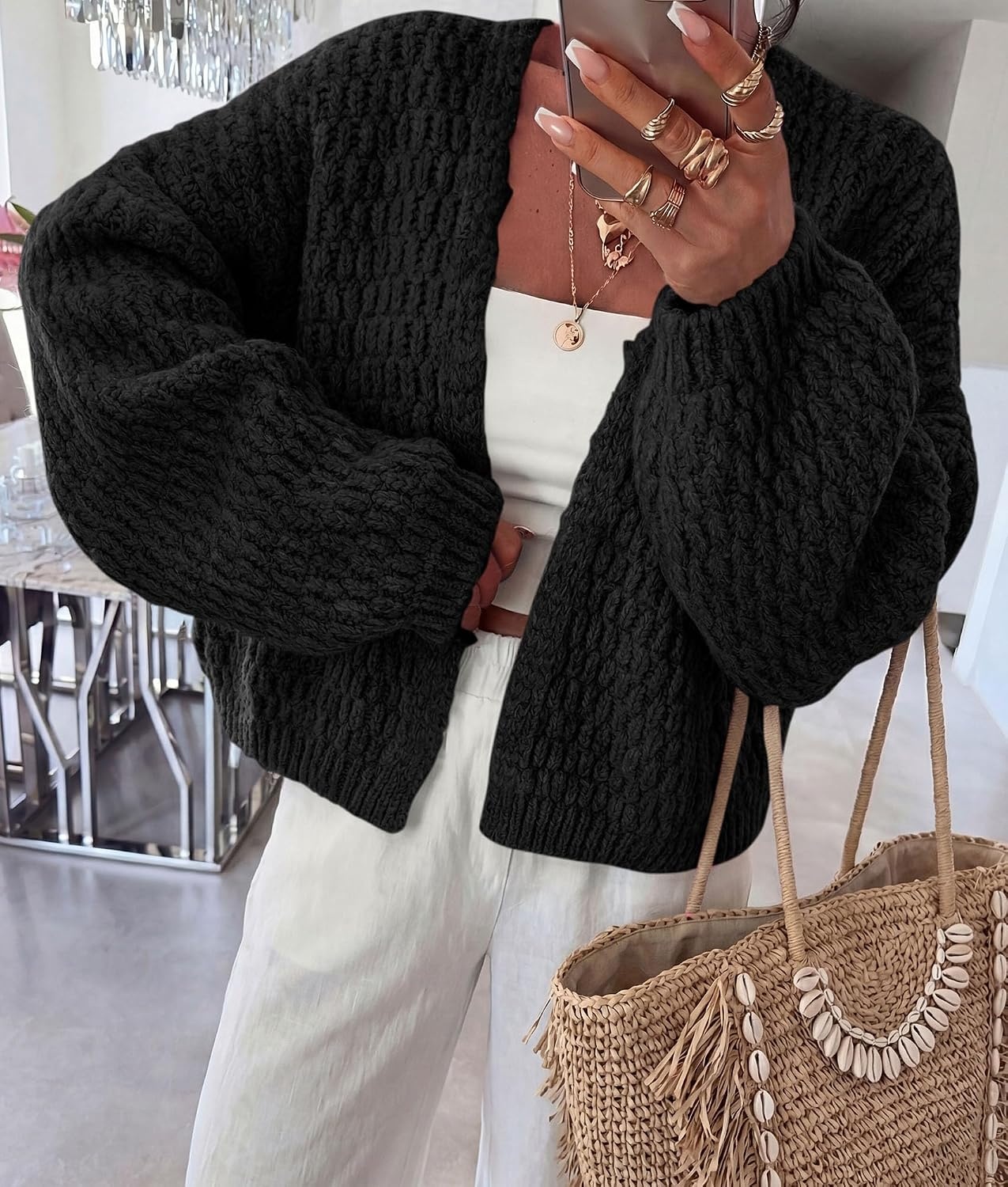 image:imagePRETTYGARDEN Womens Fall Cardigan Open Front Chunky SweatersBlack