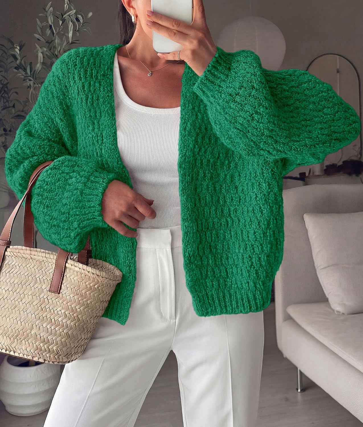 image:imagePRETTYGARDEN Womens Fall Cardigan Open Front Chunky SweatersGreen