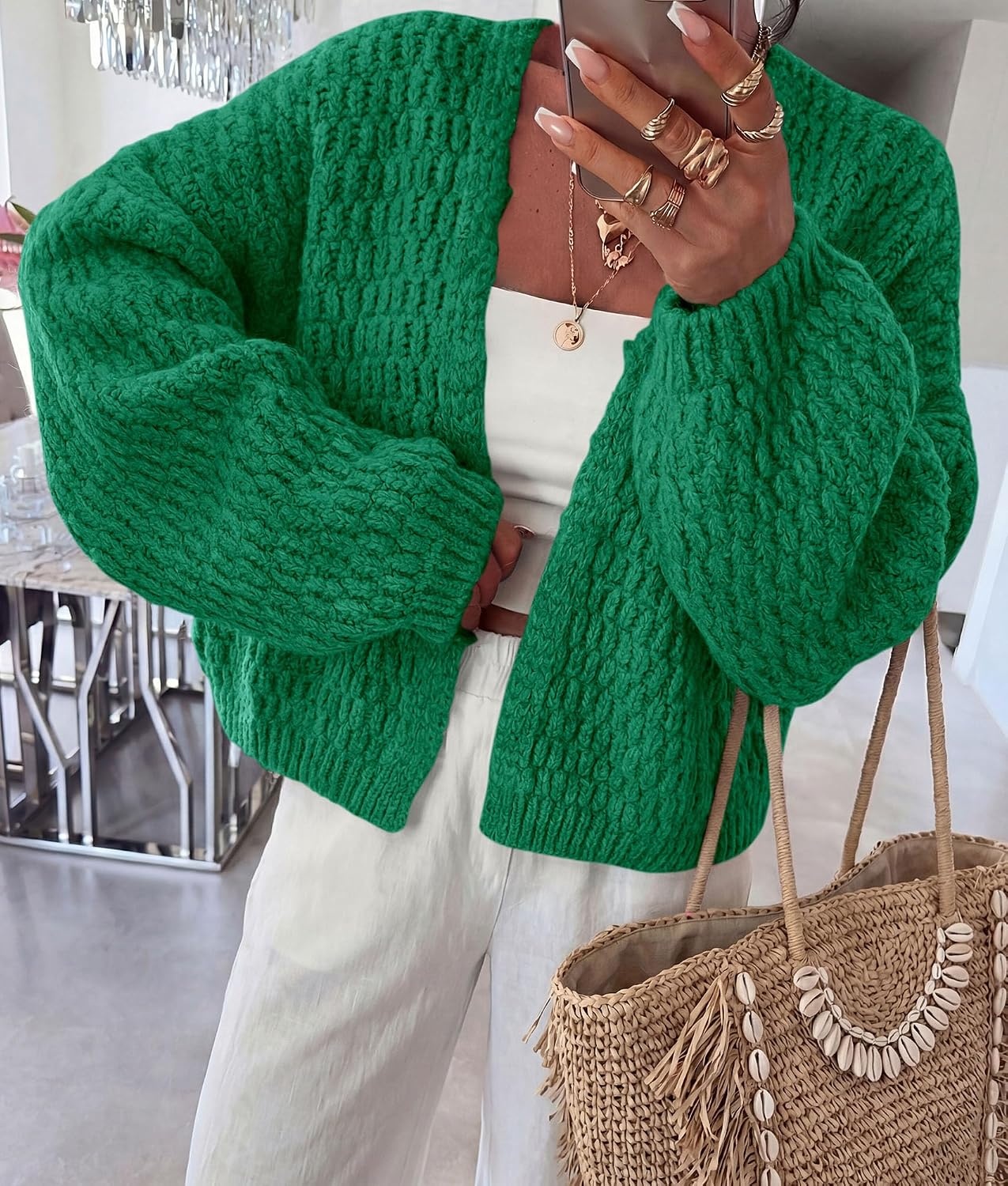 image:imagePRETTYGARDEN Womens Fall Cardigan Open Front Chunky SweatersGreen