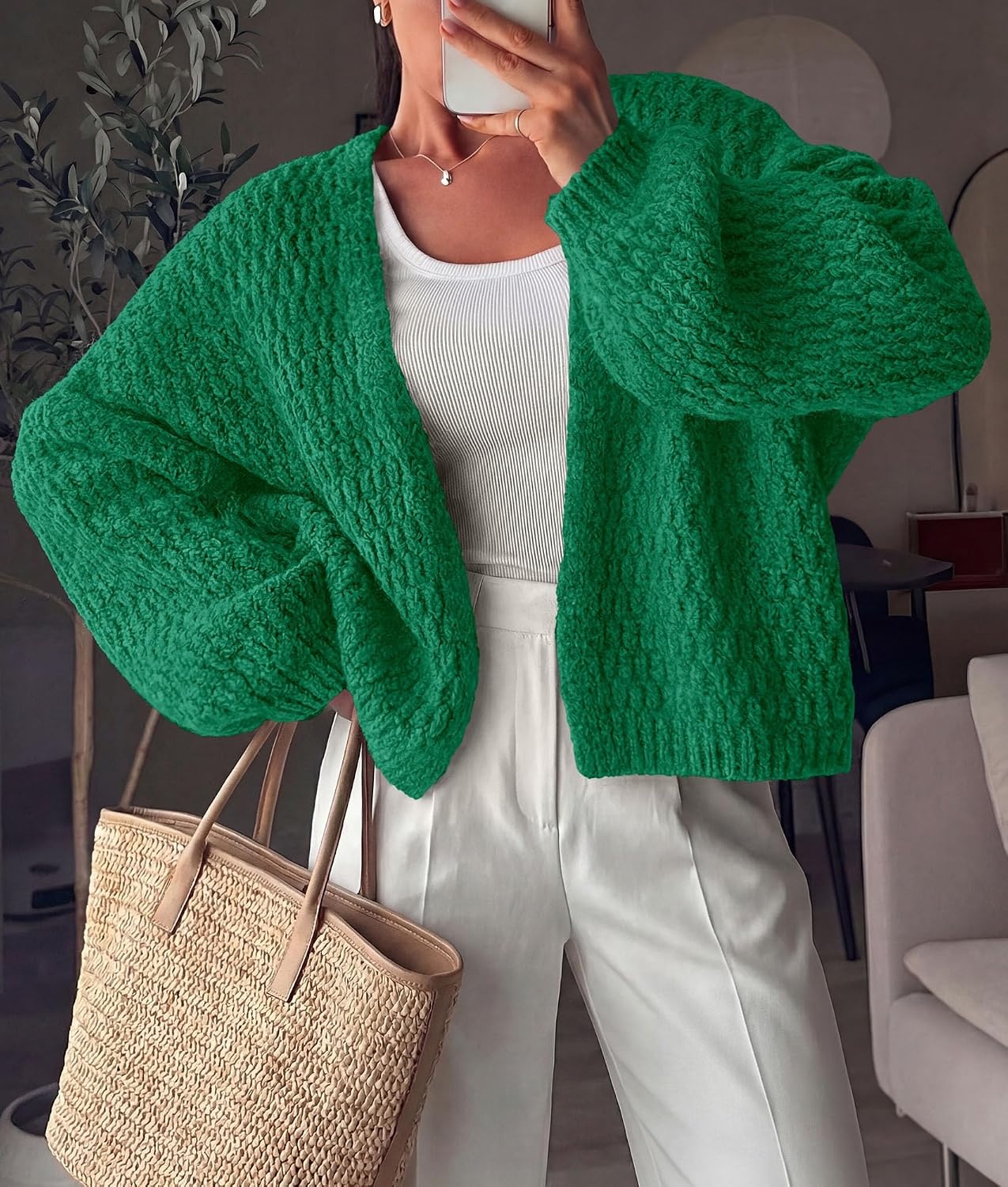 image:imagePRETTYGARDEN Womens Fall Cardigan Open Front Chunky SweatersGreen
