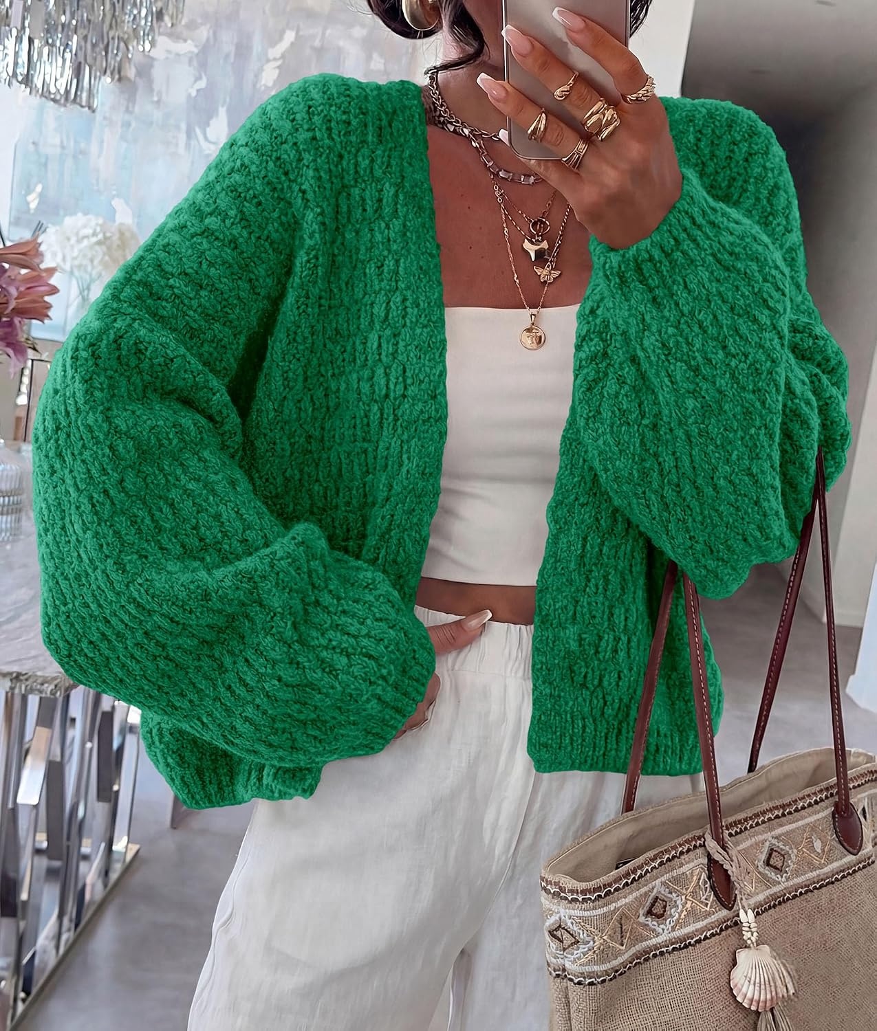 image:imagePRETTYGARDEN Womens Fall Cardigan Open Front Chunky SweatersGreen