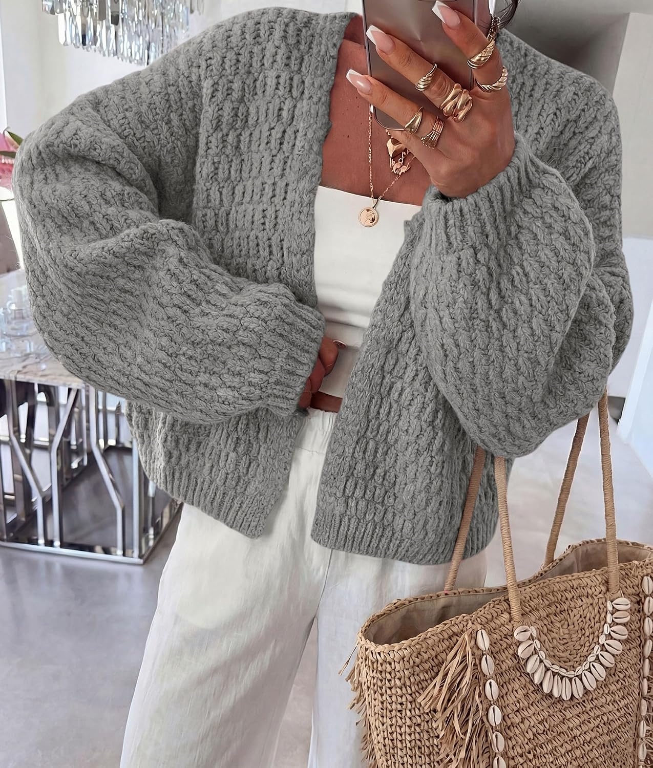 image:imagePRETTYGARDEN Womens Fall Cardigan Open Front Chunky SweatersGrey