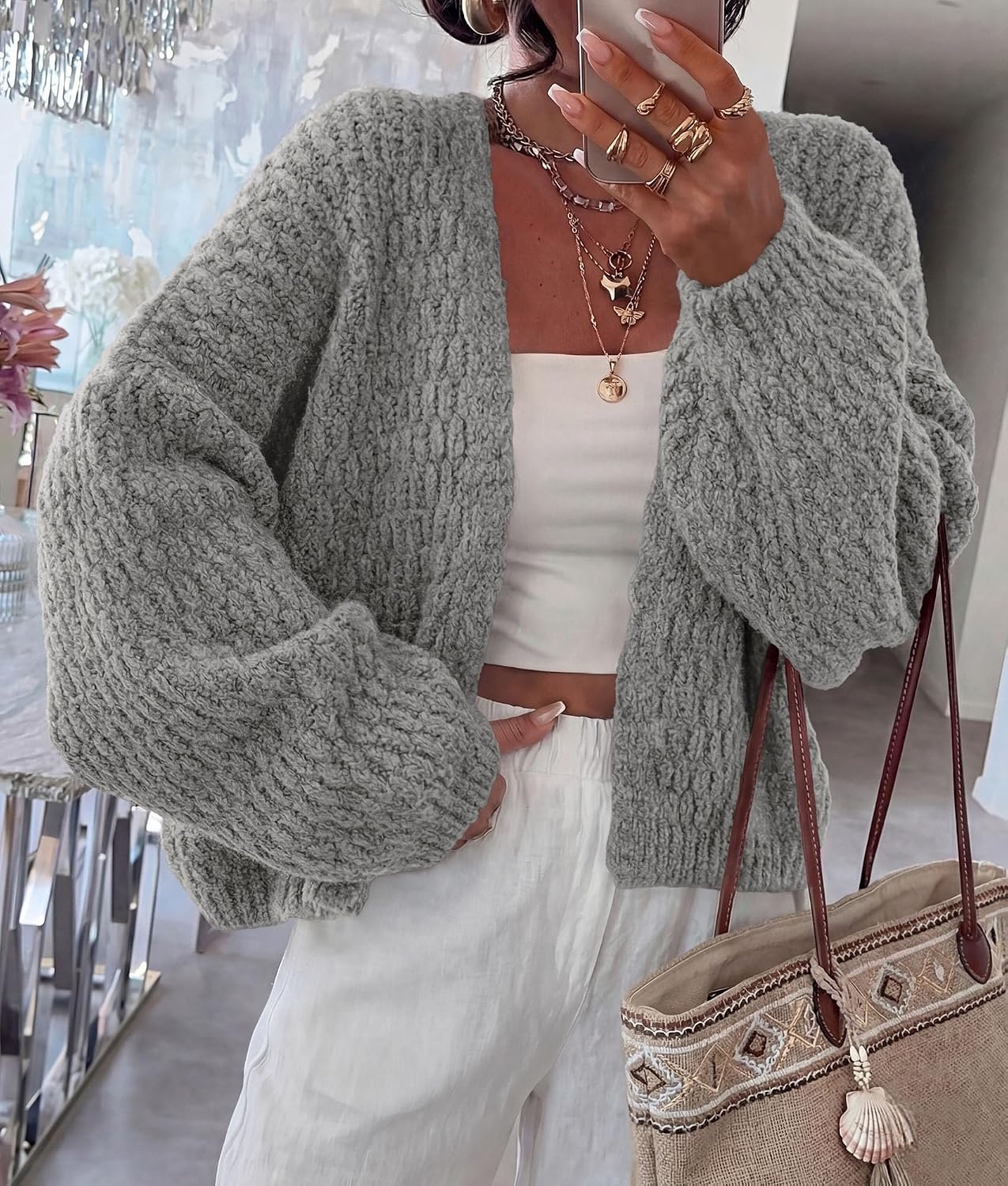 image:imagePRETTYGARDEN Womens Fall Cardigan Open Front Chunky SweatersGrey