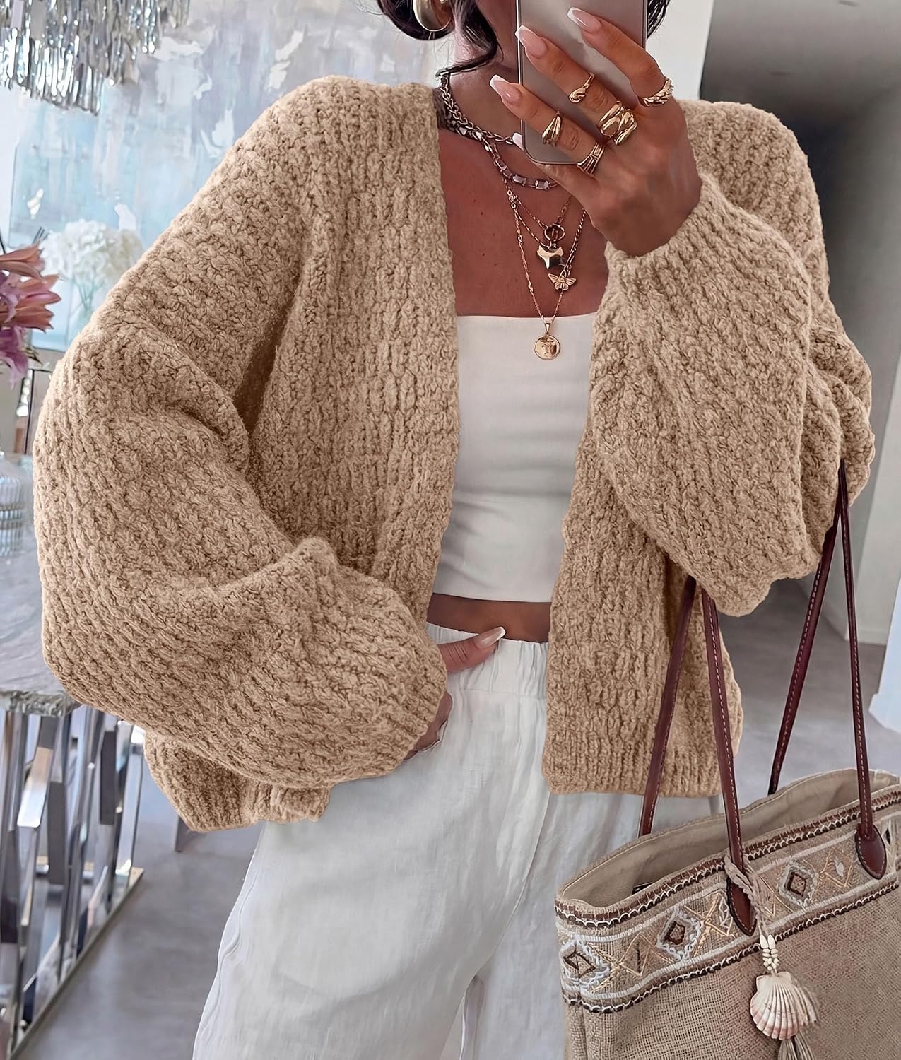 image:imagePRETTYGARDEN Womens Fall Cardigan Open Front Chunky SweatersKhaki