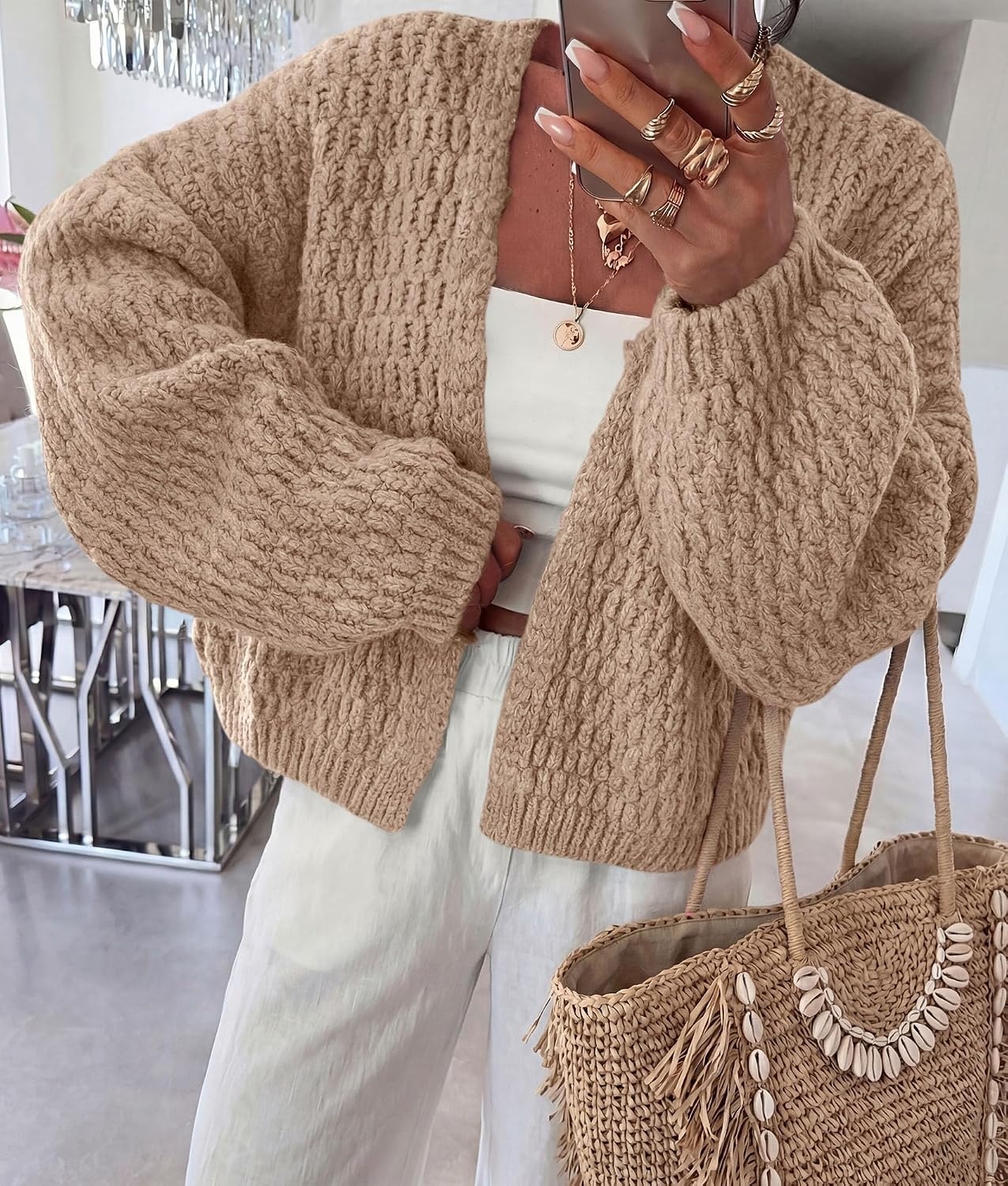 image:imagePRETTYGARDEN Womens Fall Cardigan Open Front Chunky SweatersKhaki