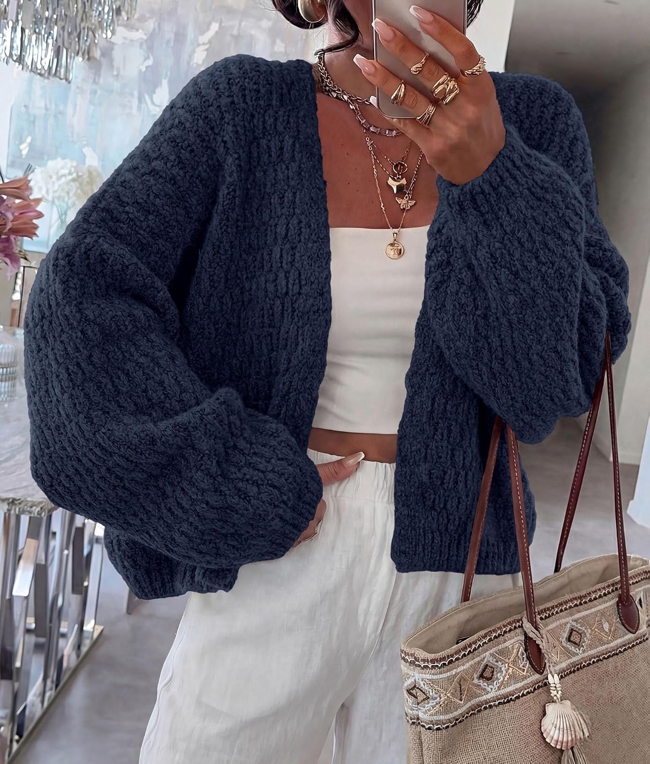 image:imagePRETTYGARDEN Womens Fall Cardigan Open Front Chunky SweatersNavy Blue