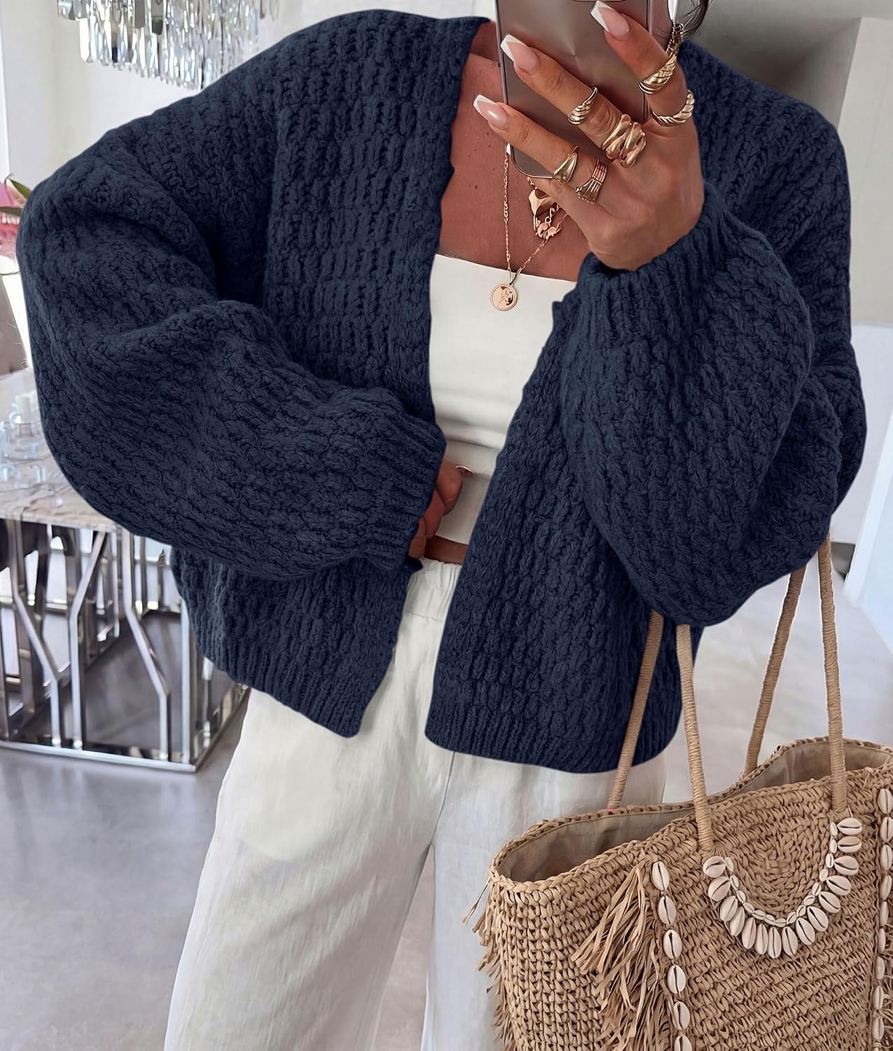image:imagePRETTYGARDEN Womens Fall Cardigan Open Front Chunky SweatersNavy Blue