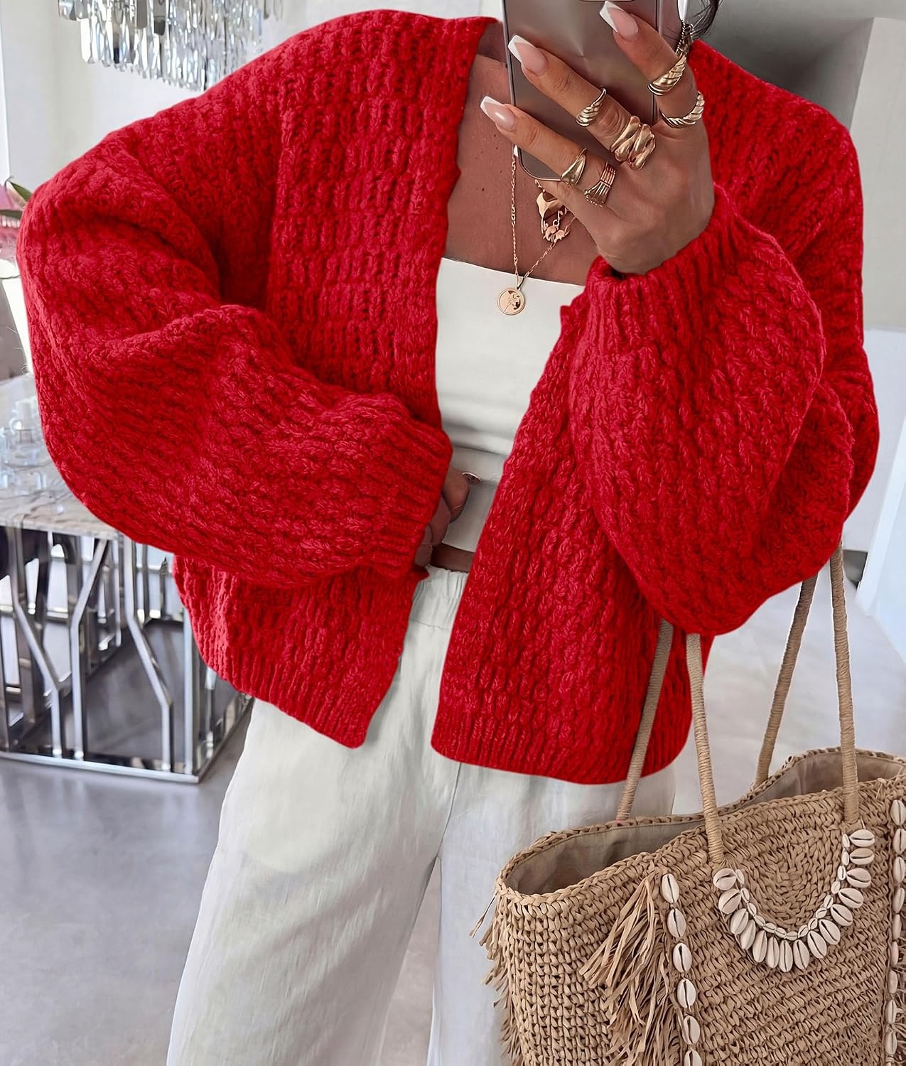 image:imagePRETTYGARDEN Womens Fall Cardigan Open Front Chunky SweatersRed