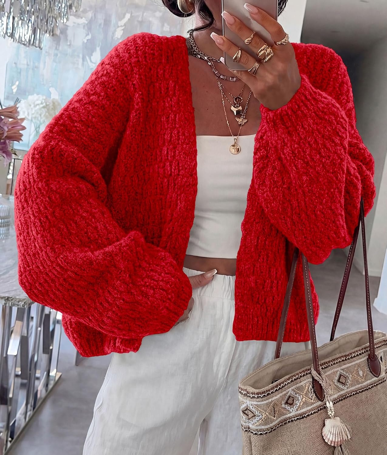 image:imagePRETTYGARDEN Womens Fall Cardigan Open Front Chunky SweatersRed