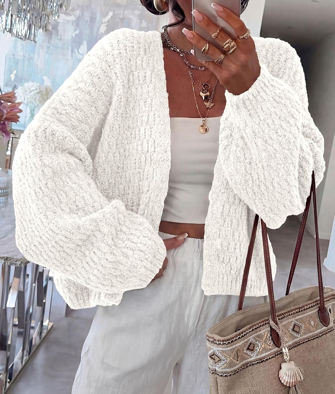 image:imagePRETTYGARDEN Womens Fall Cardigan Open Front Chunky SweatersWhite