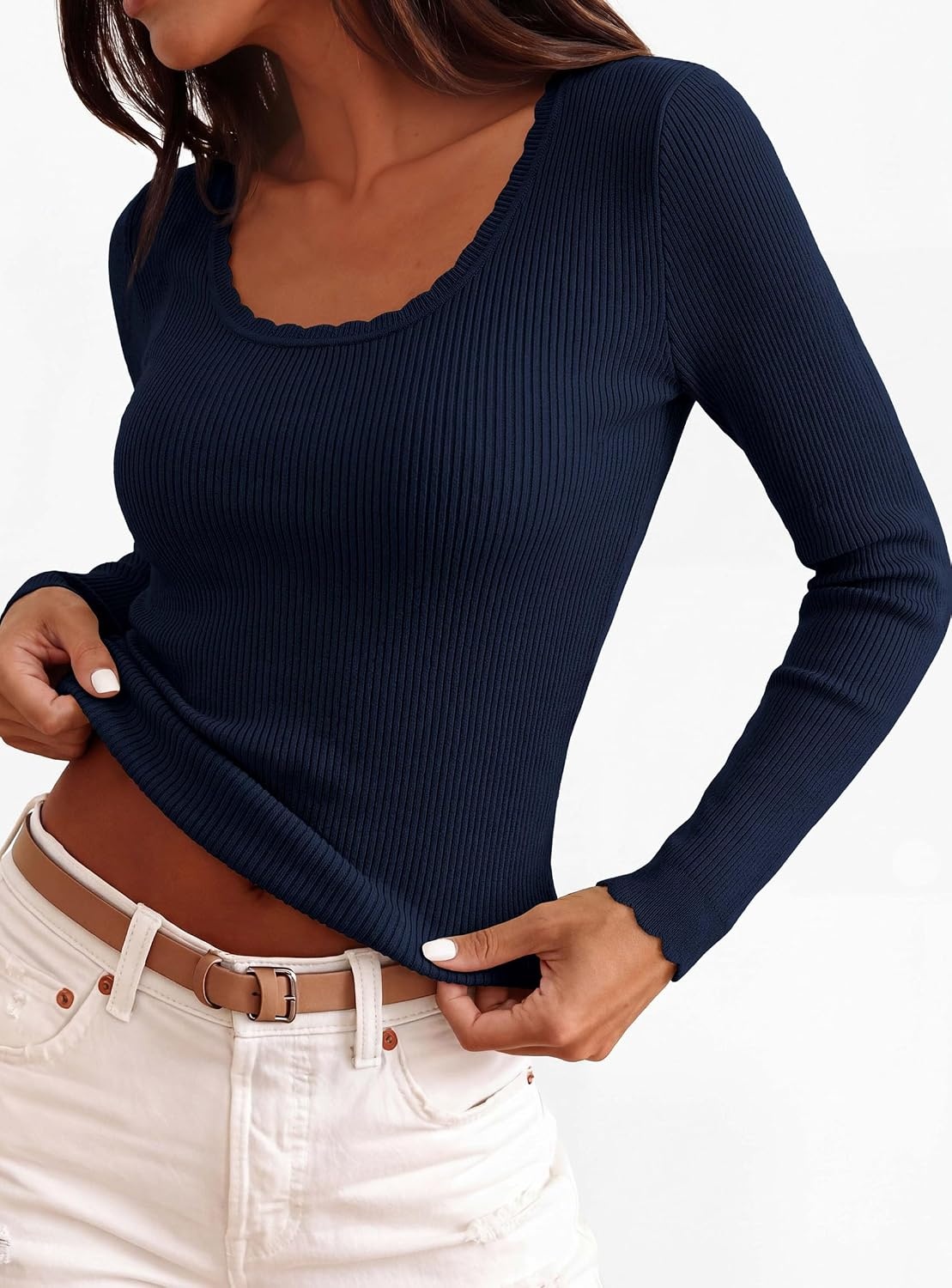 image:imagePRETTYGARDEN Womens Fall Lightweight Ribbed Knit SweatersNavy Blue