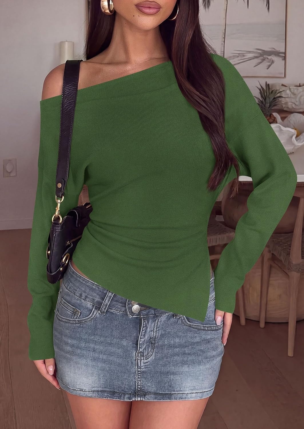 image:imagePRETTYGARDEN Womens Fall Long Sleeve Off Shoulder SweaterArmy Green