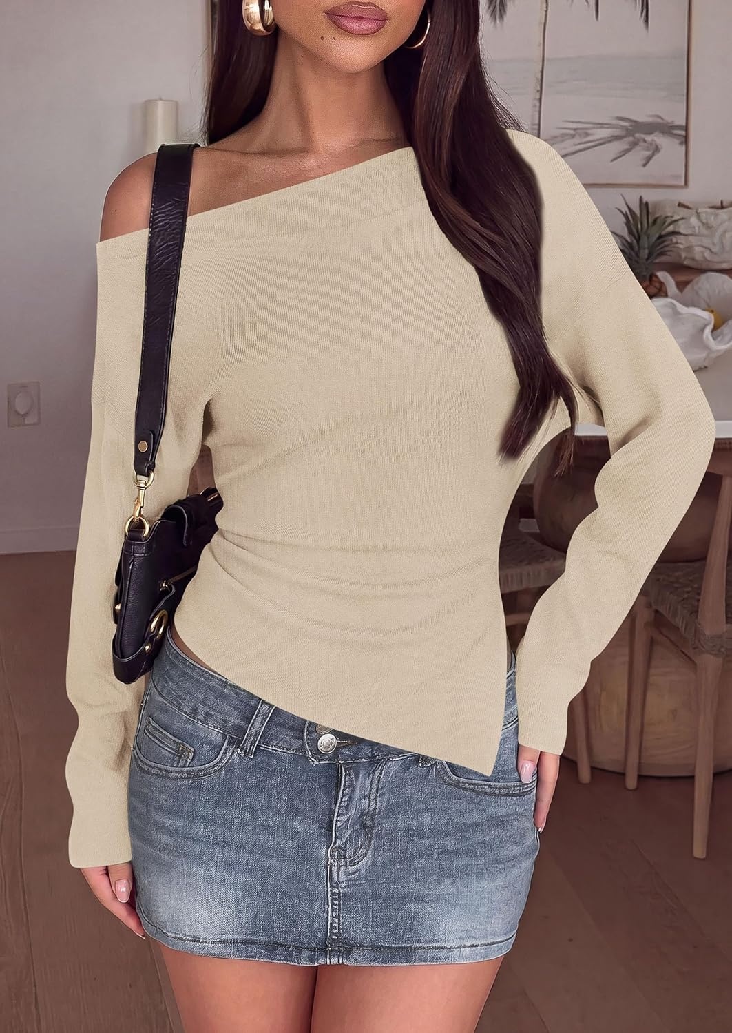 image:imagePRETTYGARDEN Womens Fall Long Sleeve Off Shoulder SweaterBeige