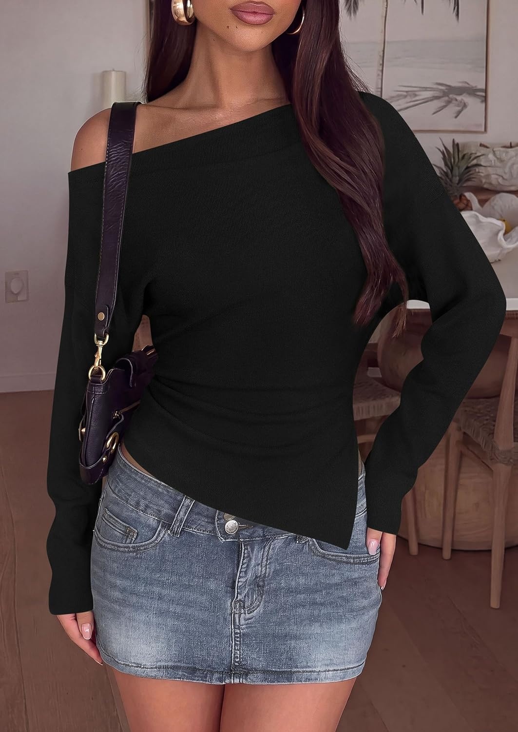 image:imagePRETTYGARDEN Womens Fall Long Sleeve Off Shoulder SweaterBlack