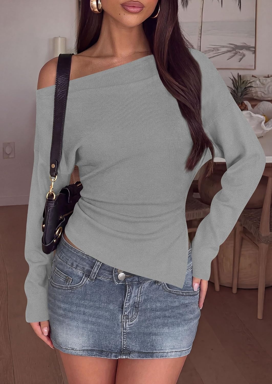 image:imagePRETTYGARDEN Womens Fall Long Sleeve Off Shoulder SweaterGrey