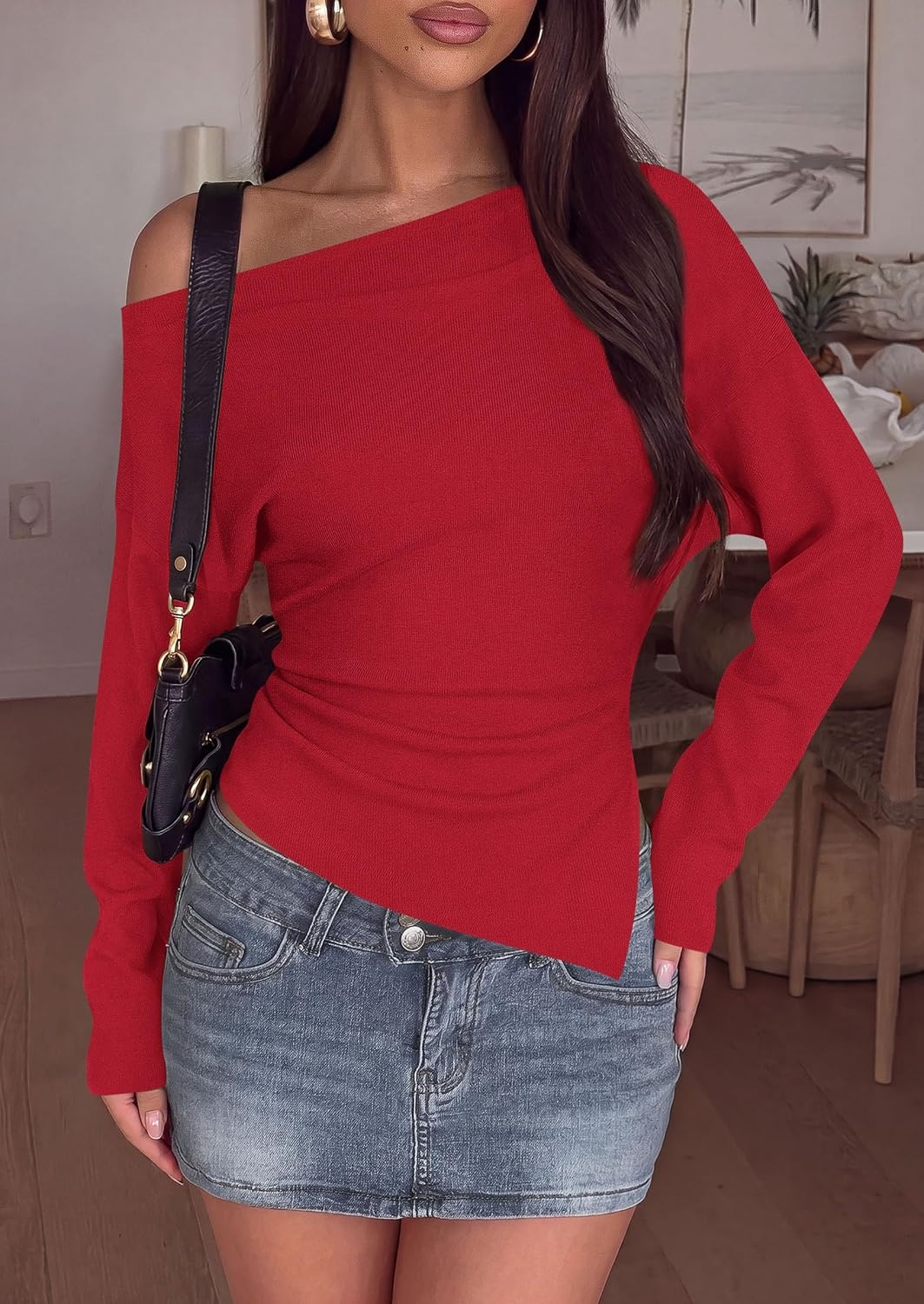 image:imagePRETTYGARDEN Womens Fall Long Sleeve Off Shoulder SweaterRed