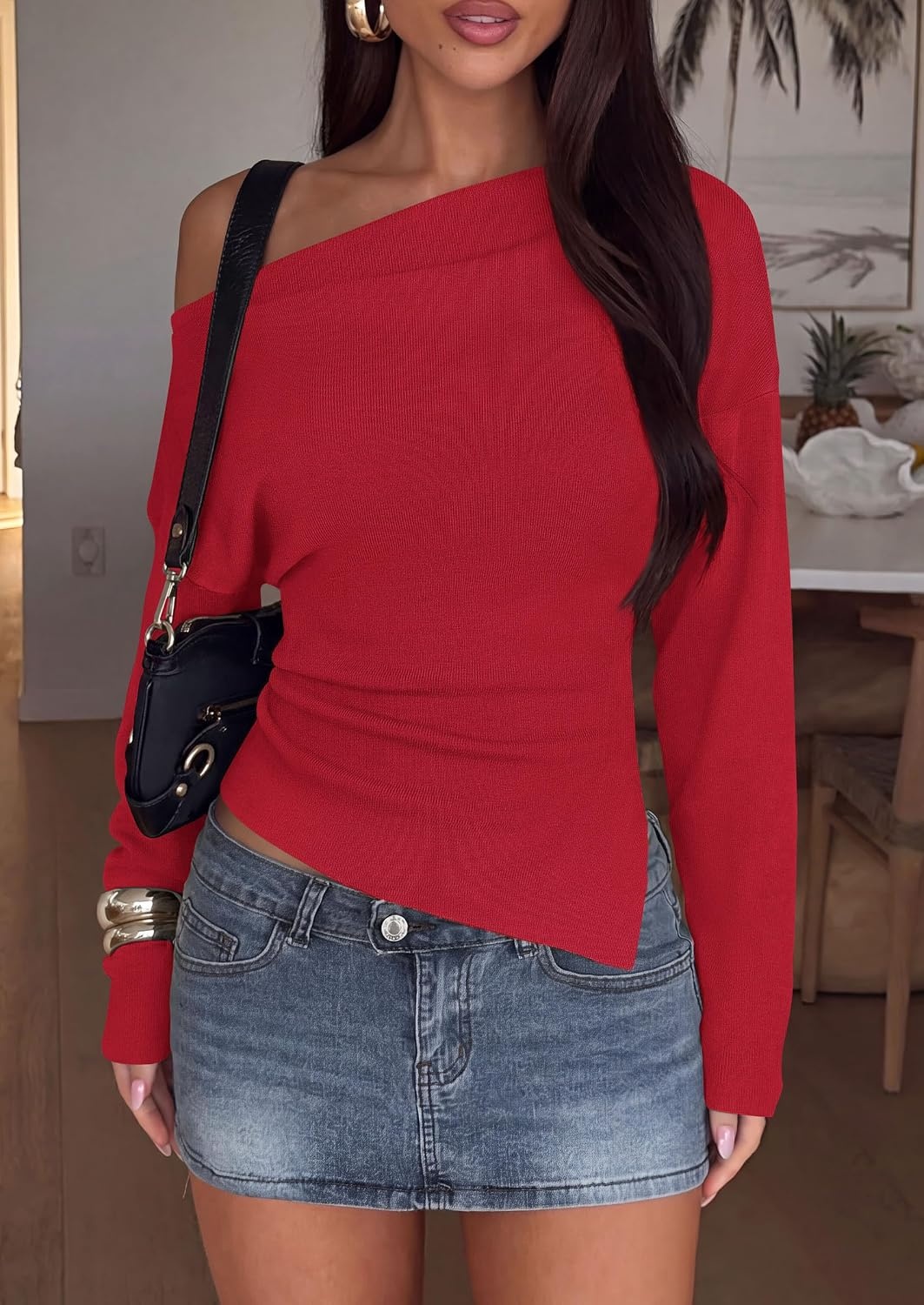 image:imagePRETTYGARDEN Womens Fall Long Sleeve Off Shoulder SweaterRed