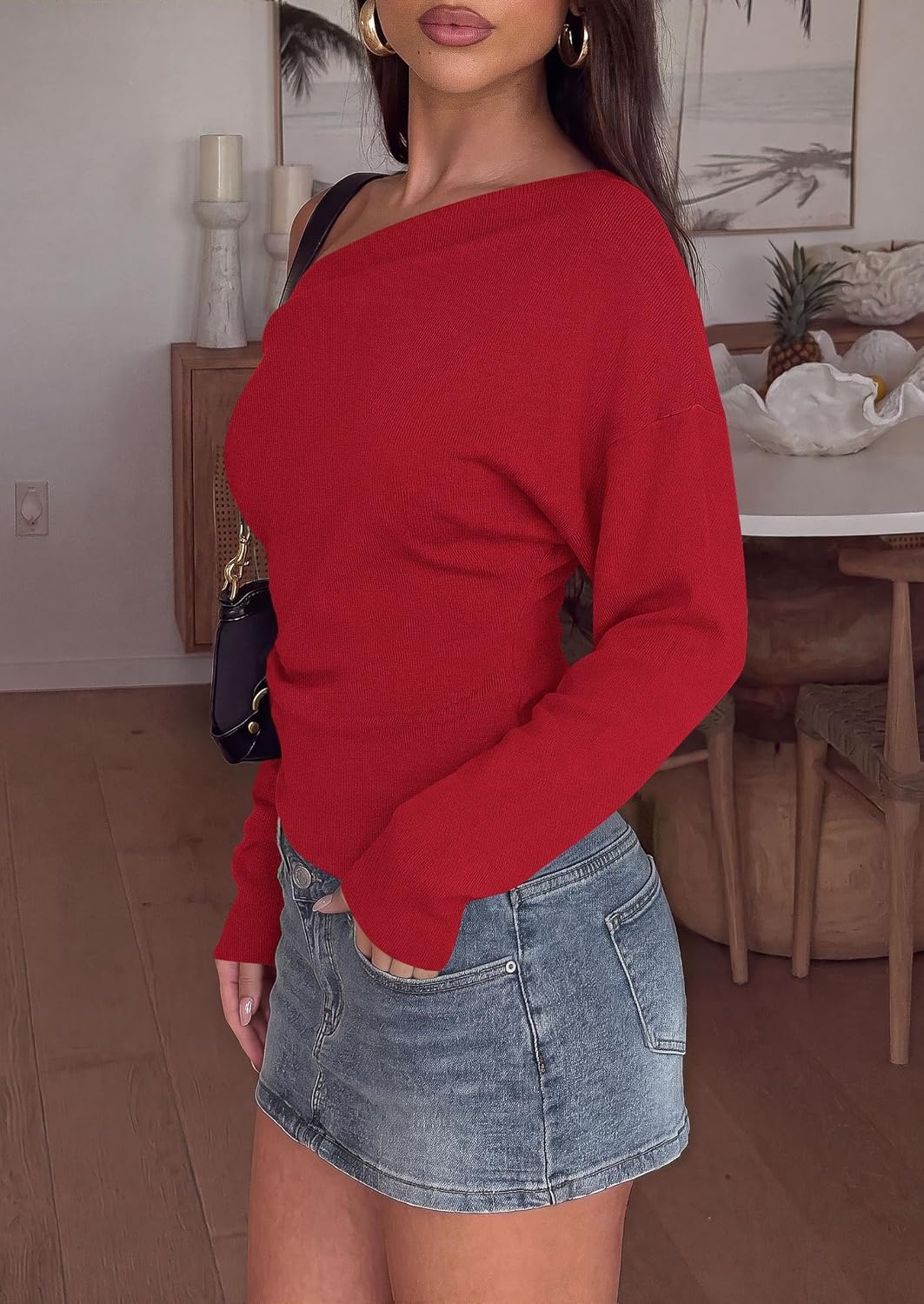 image:imagePRETTYGARDEN Womens Fall Long Sleeve Off Shoulder SweaterRed