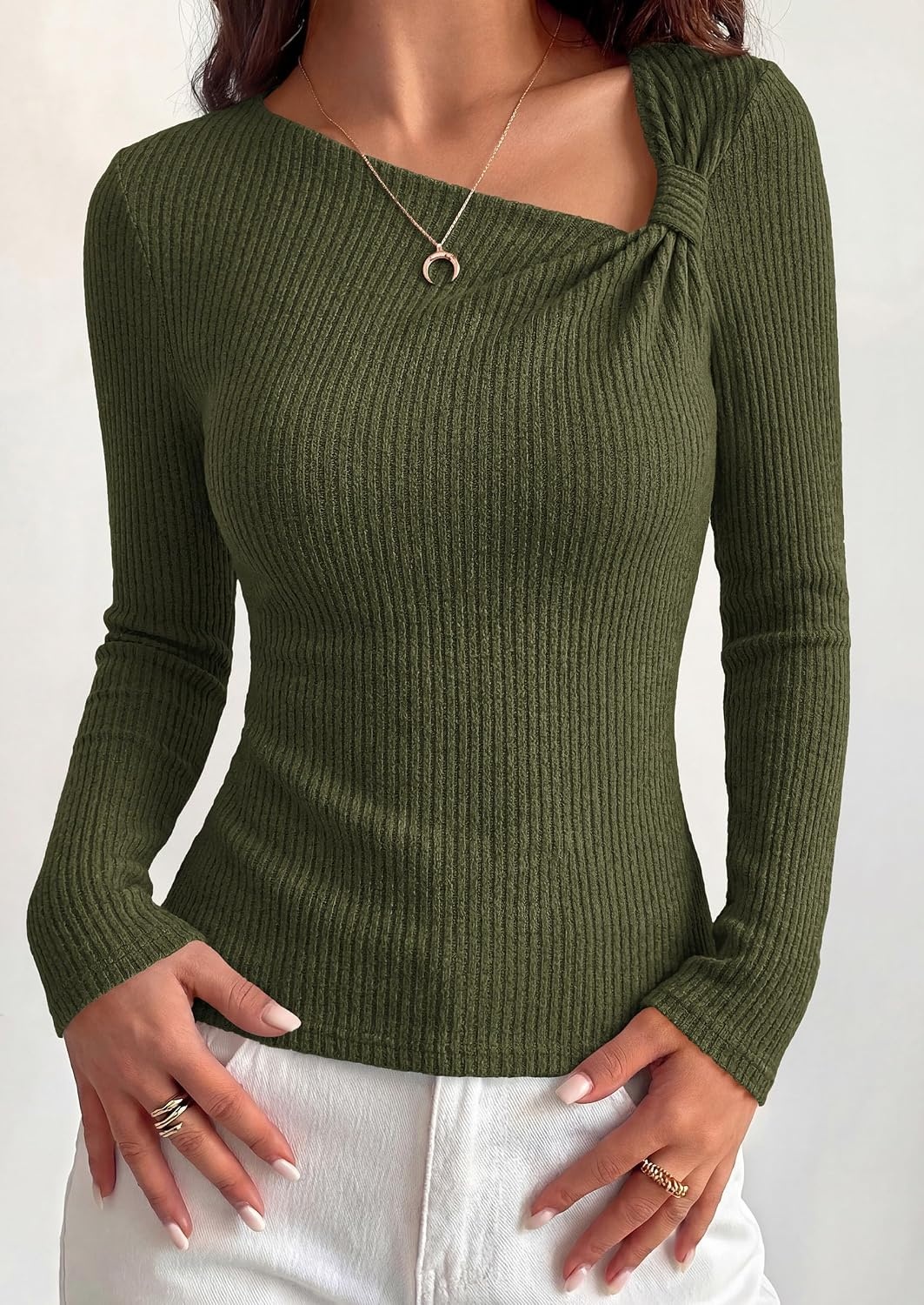 image:imagePRETTYGARDEN Womens Fall Long Sleeve Shirts Asymmetrical TopsArmy Green