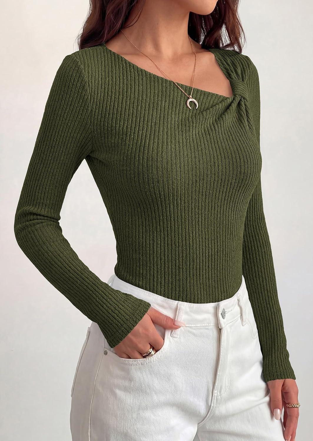 image:imagePRETTYGARDEN Womens Fall Long Sleeve Shirts Asymmetrical TopsArmy Green