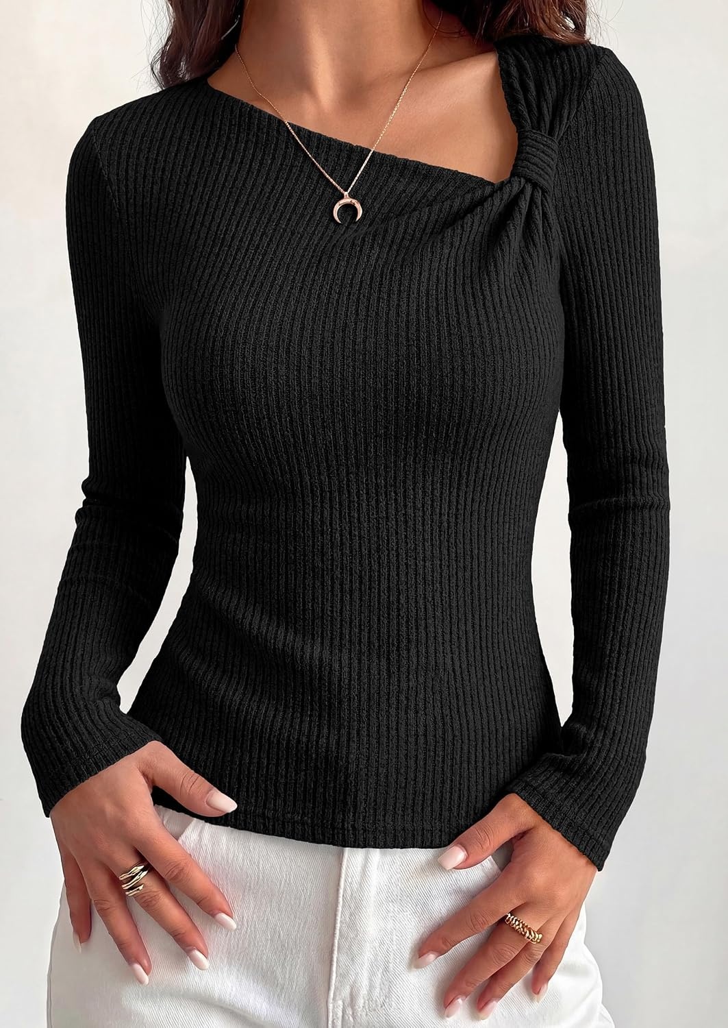 image:imagePRETTYGARDEN Womens Fall Long Sleeve Shirts Asymmetrical TopsBlack