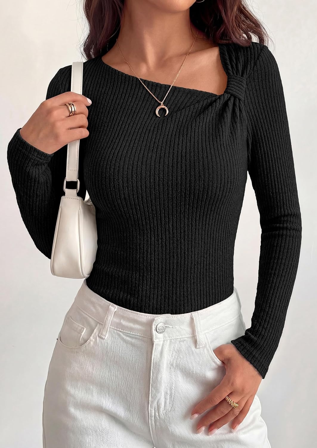 image:imagePRETTYGARDEN Womens Fall Long Sleeve Shirts Asymmetrical TopsBlack