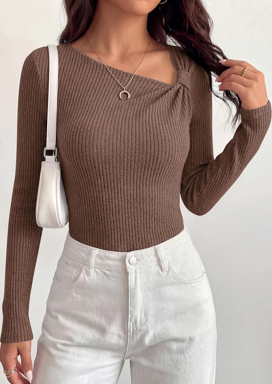 image:imagePRETTYGARDEN Womens Fall Long Sleeve Shirts Asymmetrical TopsBrown