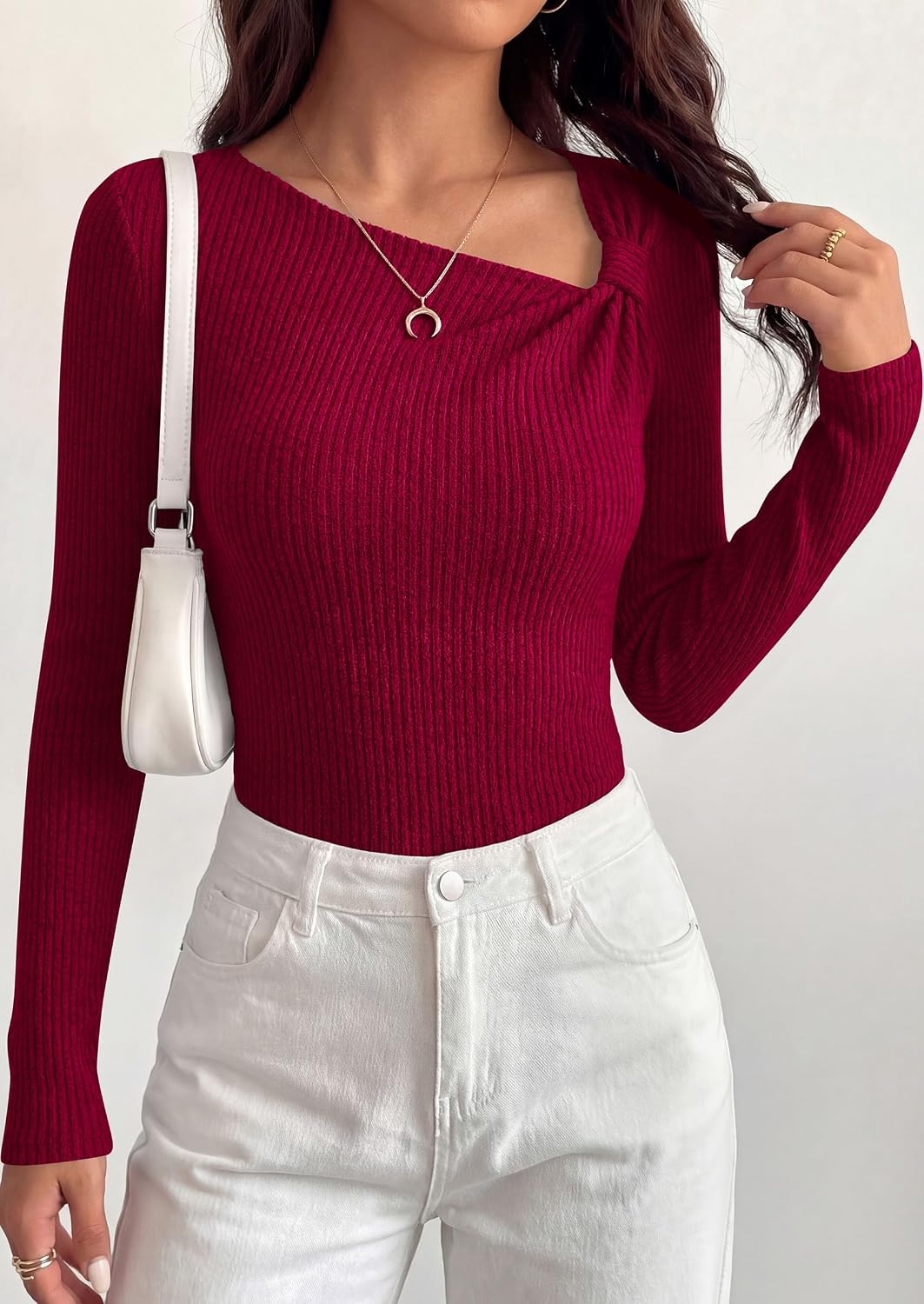 image:imagePRETTYGARDEN Womens Fall Long Sleeve Shirts Asymmetrical TopsDark Red
