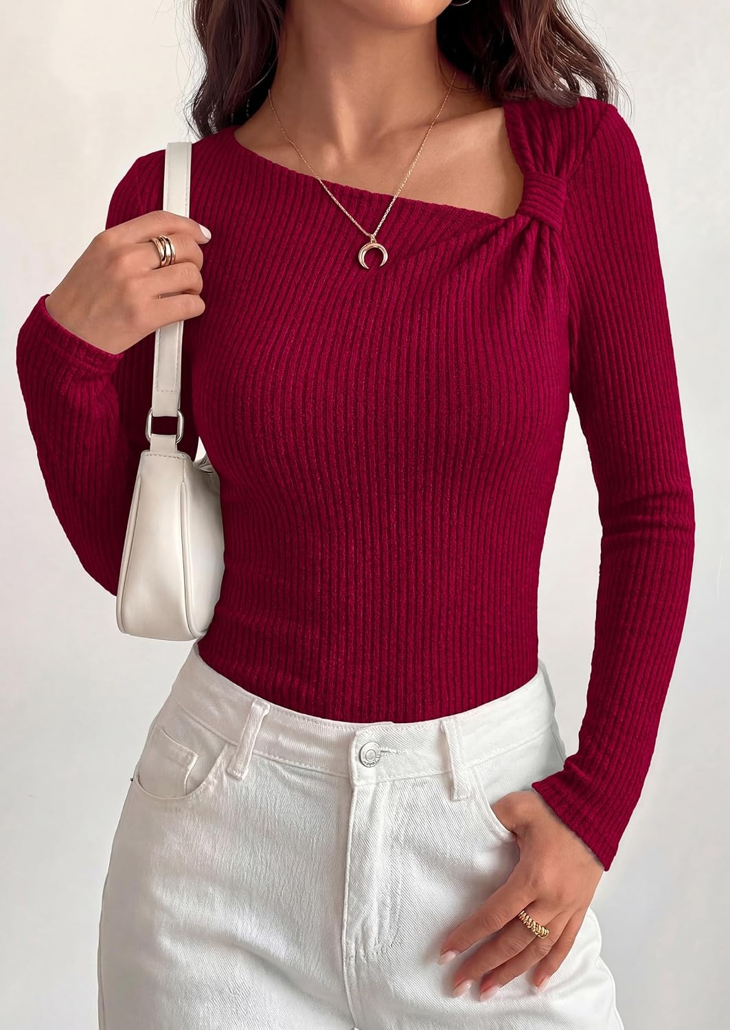 image:imagePRETTYGARDEN Womens Fall Long Sleeve Shirts Asymmetrical TopsDark Red