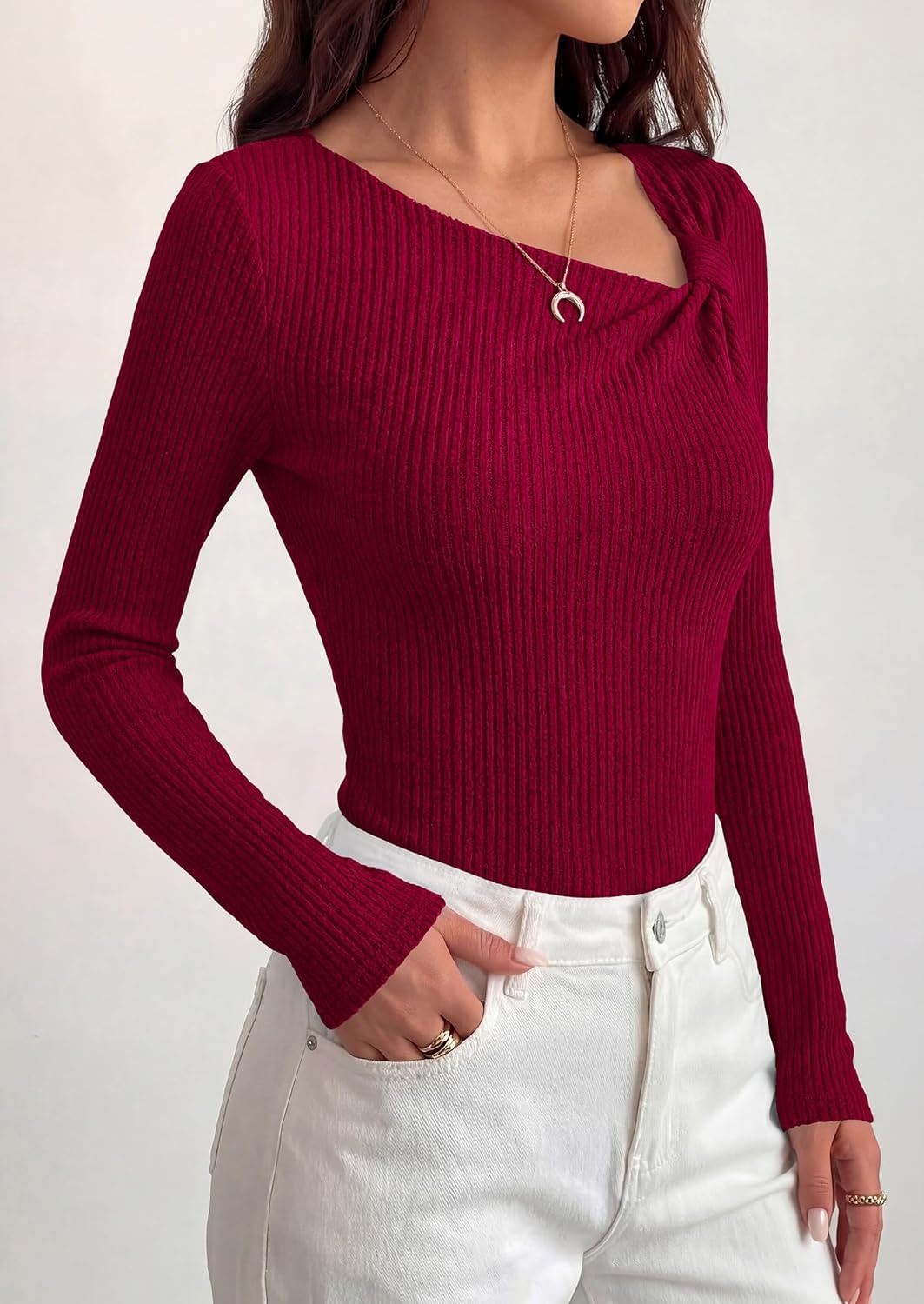 image:imagePRETTYGARDEN Womens Fall Long Sleeve Shirts Asymmetrical TopsDark Red