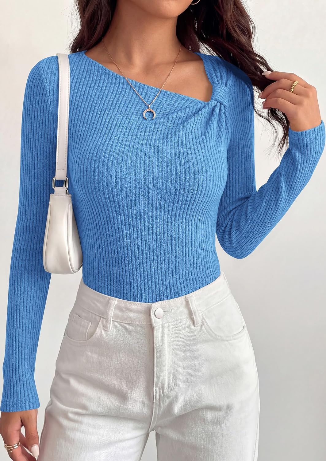 image:imagePRETTYGARDEN Womens Fall Long Sleeve Shirts Asymmetrical TopsLight Blue