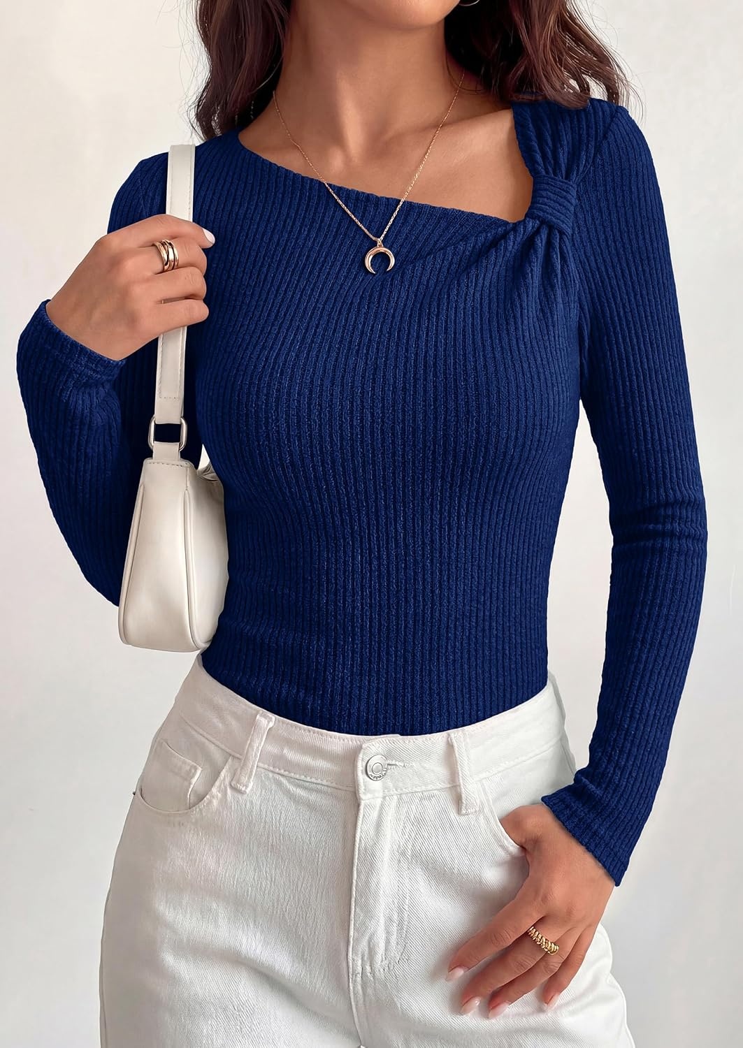 image:imagePRETTYGARDEN Womens Fall Long Sleeve Shirts Asymmetrical TopsNavy Blue