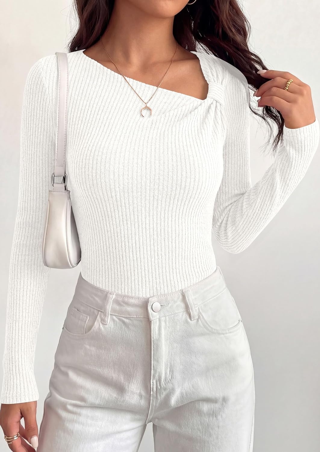 image:imagePRETTYGARDEN Womens Fall Long Sleeve Shirts Asymmetrical TopsWhite