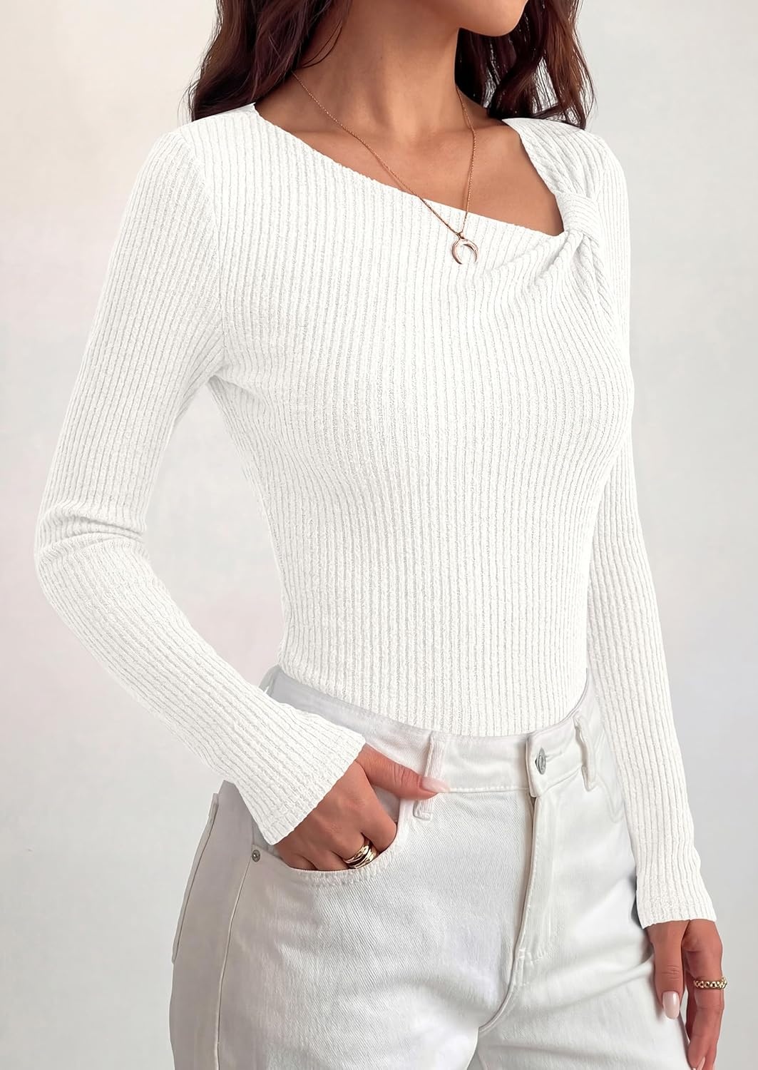 image:imagePRETTYGARDEN Womens Fall Long Sleeve Shirts Asymmetrical TopsWhite