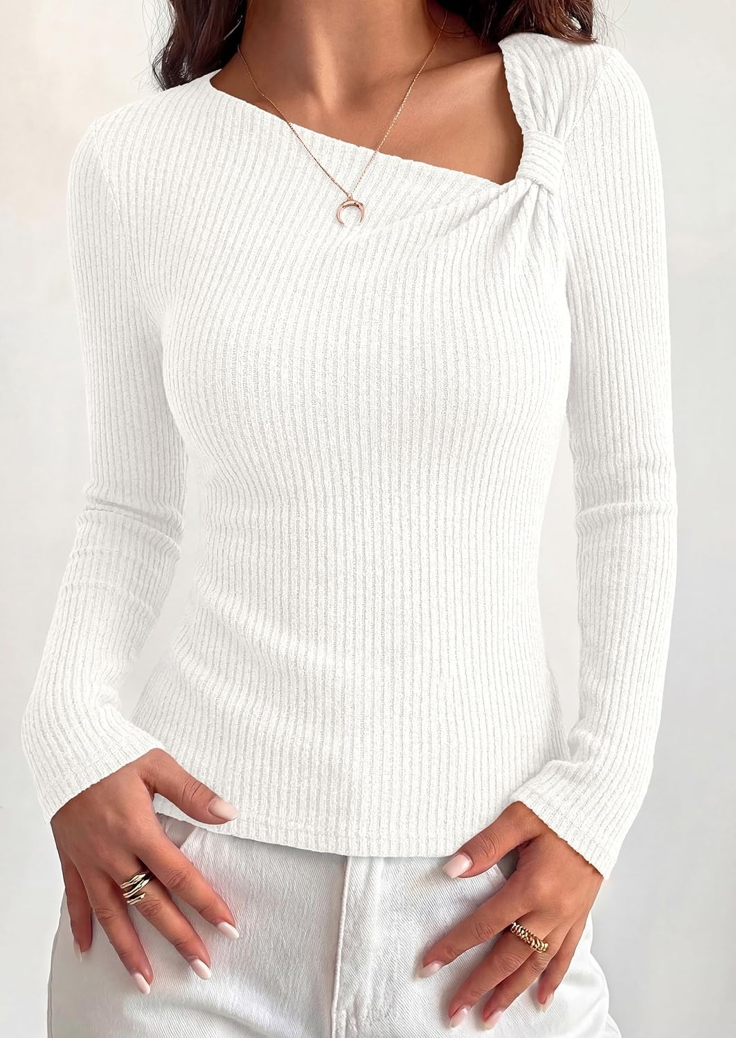 image:imagePRETTYGARDEN Womens Fall Long Sleeve Shirts Asymmetrical TopsWhite