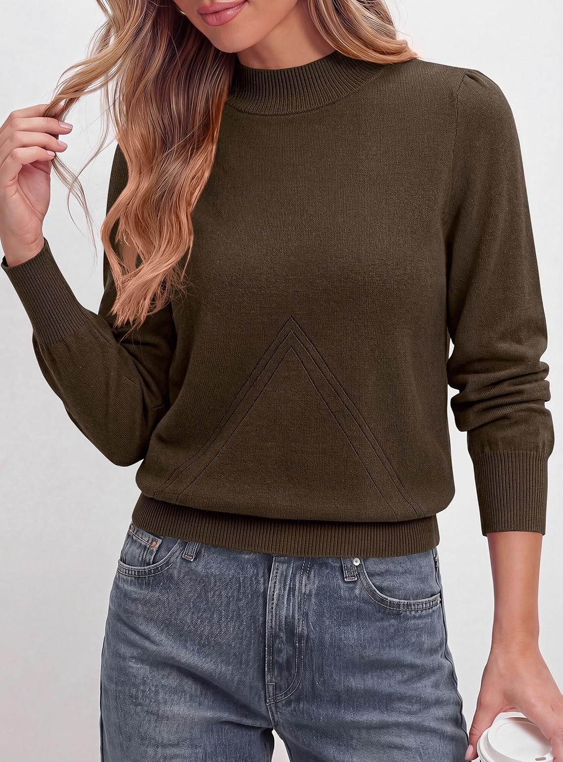 image:imagePRETTYGARDEN Womens Fall Mock Neck Long Sleeve SweaterDark Brown