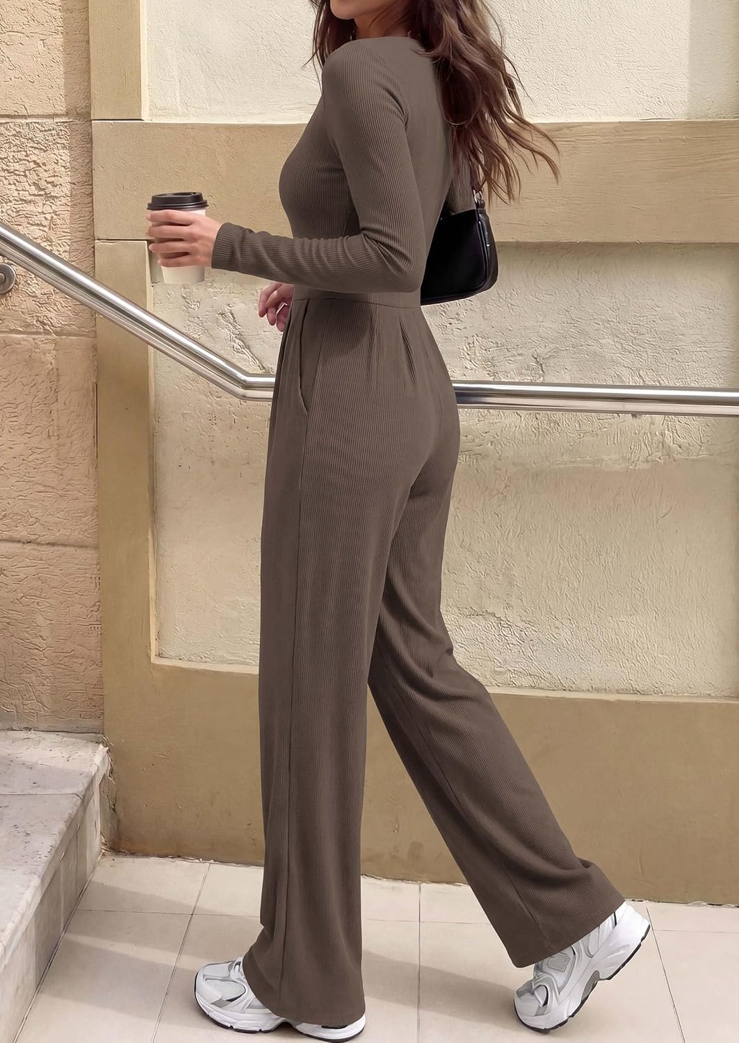 image:imagePRETTYGARDEN Womens Fall One Piece Long Sleeve JumpsuitBrown