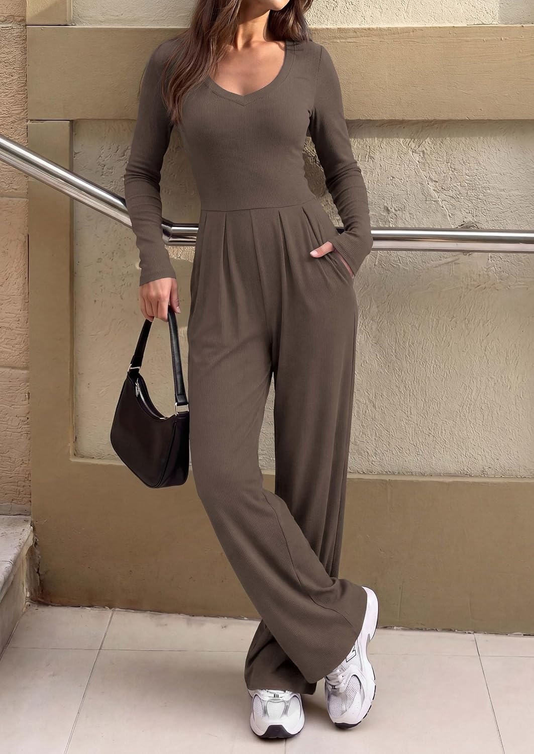 image:imagePRETTYGARDEN Womens Fall One Piece Long Sleeve JumpsuitBrown