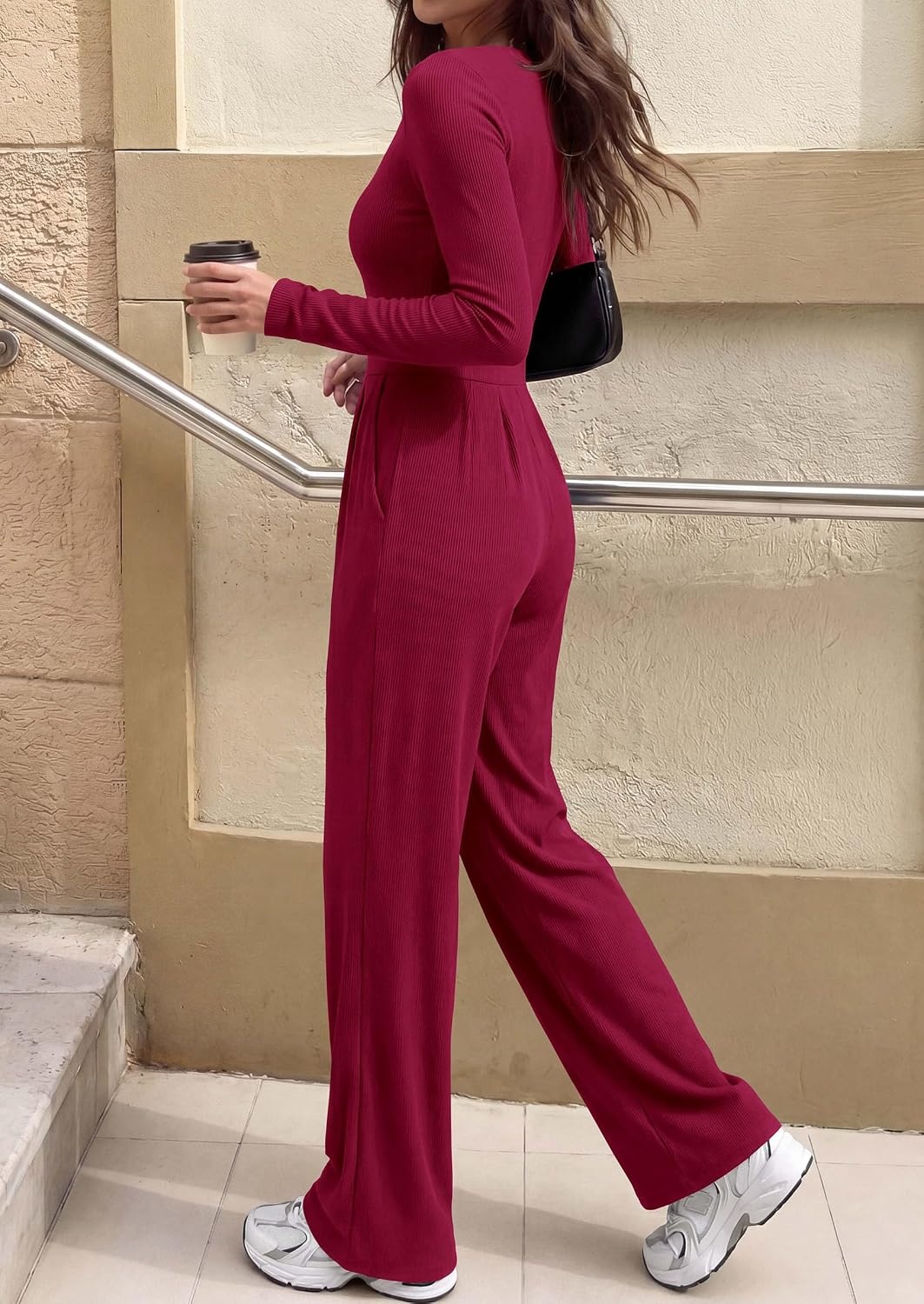 image:imagePRETTYGARDEN Womens Fall One Piece Long Sleeve JumpsuitWine Red