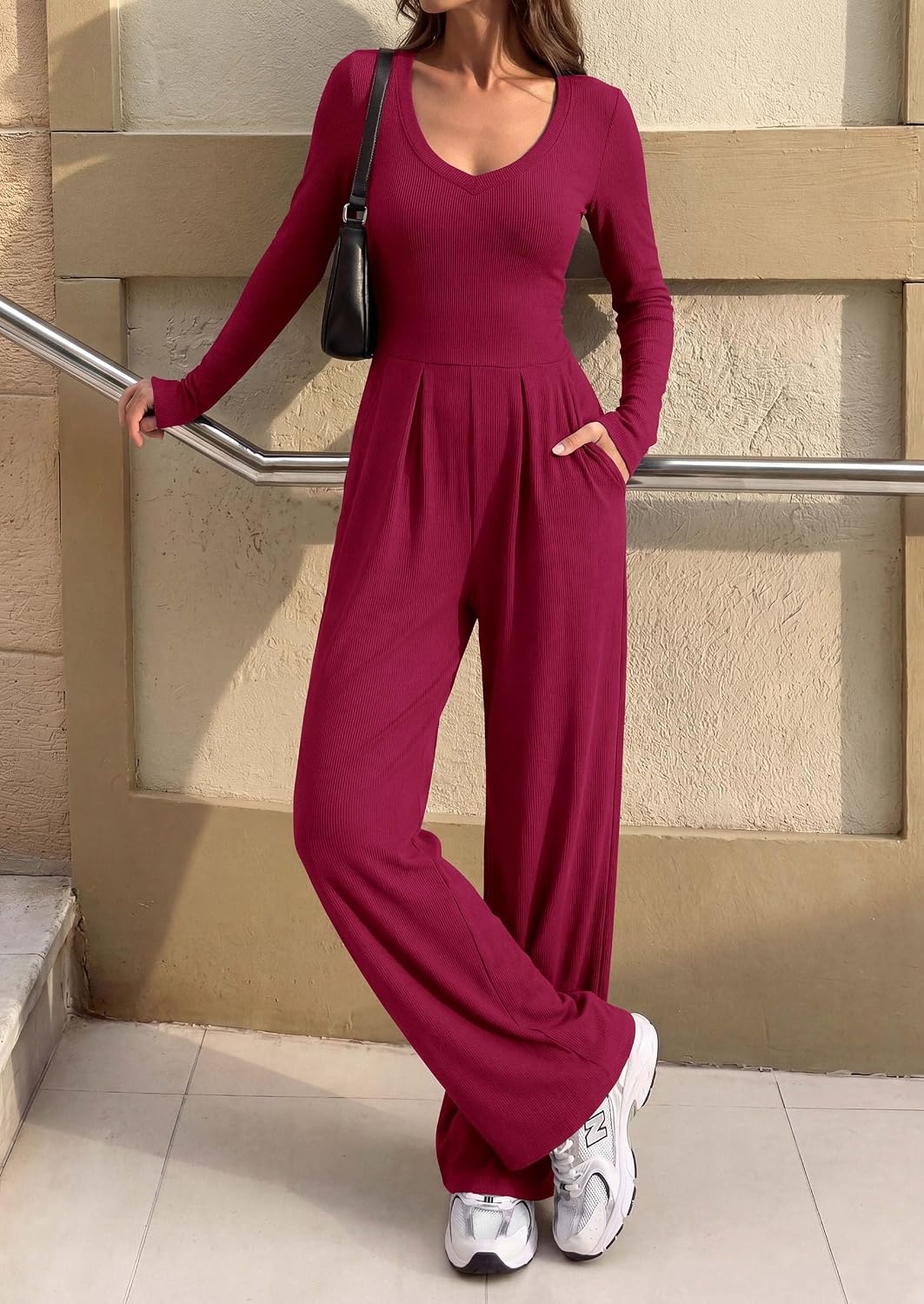image:imagePRETTYGARDEN Womens Fall One Piece Long Sleeve JumpsuitWine Red