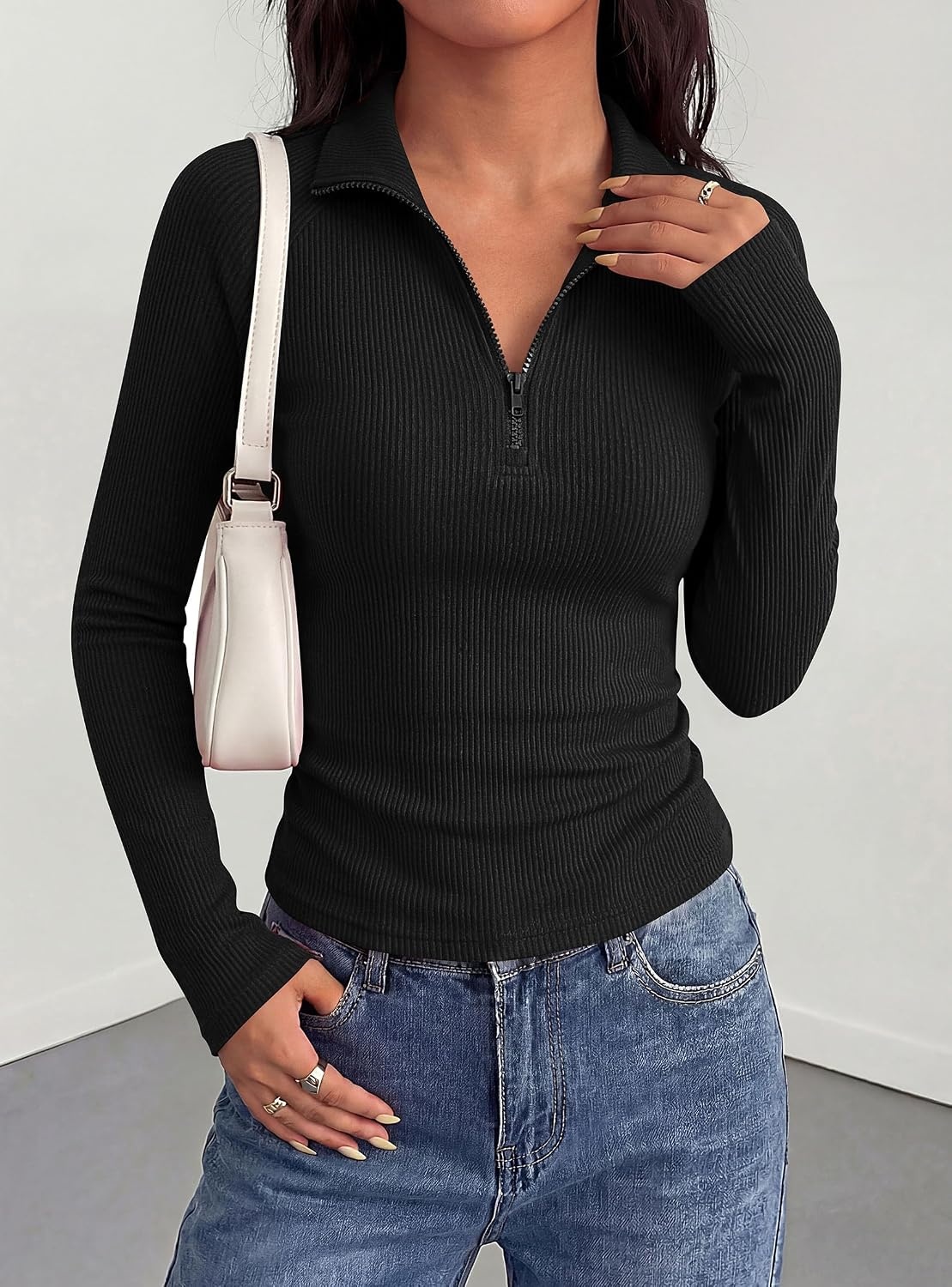 image:imagePRETTYGARDEN Womens Fall Quarter Zip Long Sleeve ShirtsBlack