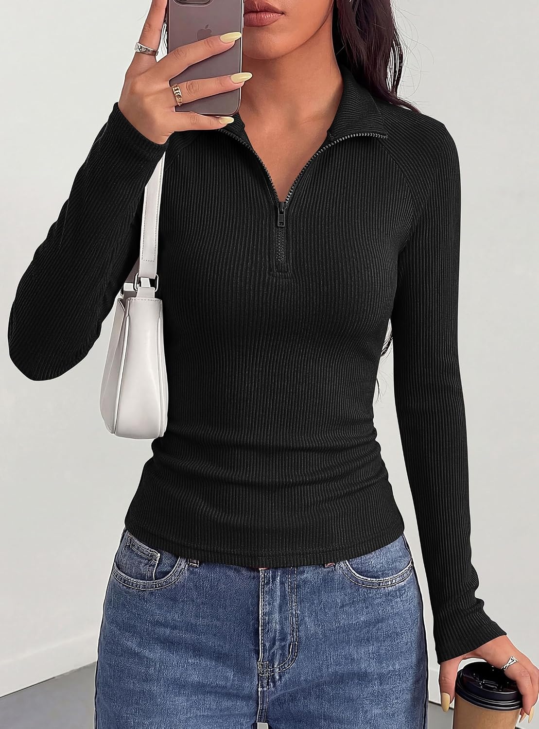 image:imagePRETTYGARDEN Womens Fall Quarter Zip Long Sleeve ShirtsBlack