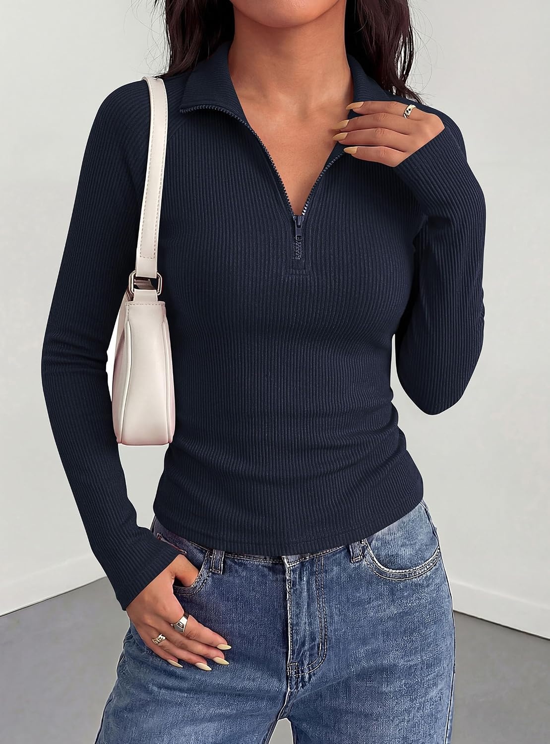 image:imagePRETTYGARDEN Womens Fall Quarter Zip Long Sleeve ShirtsNavy Blue
