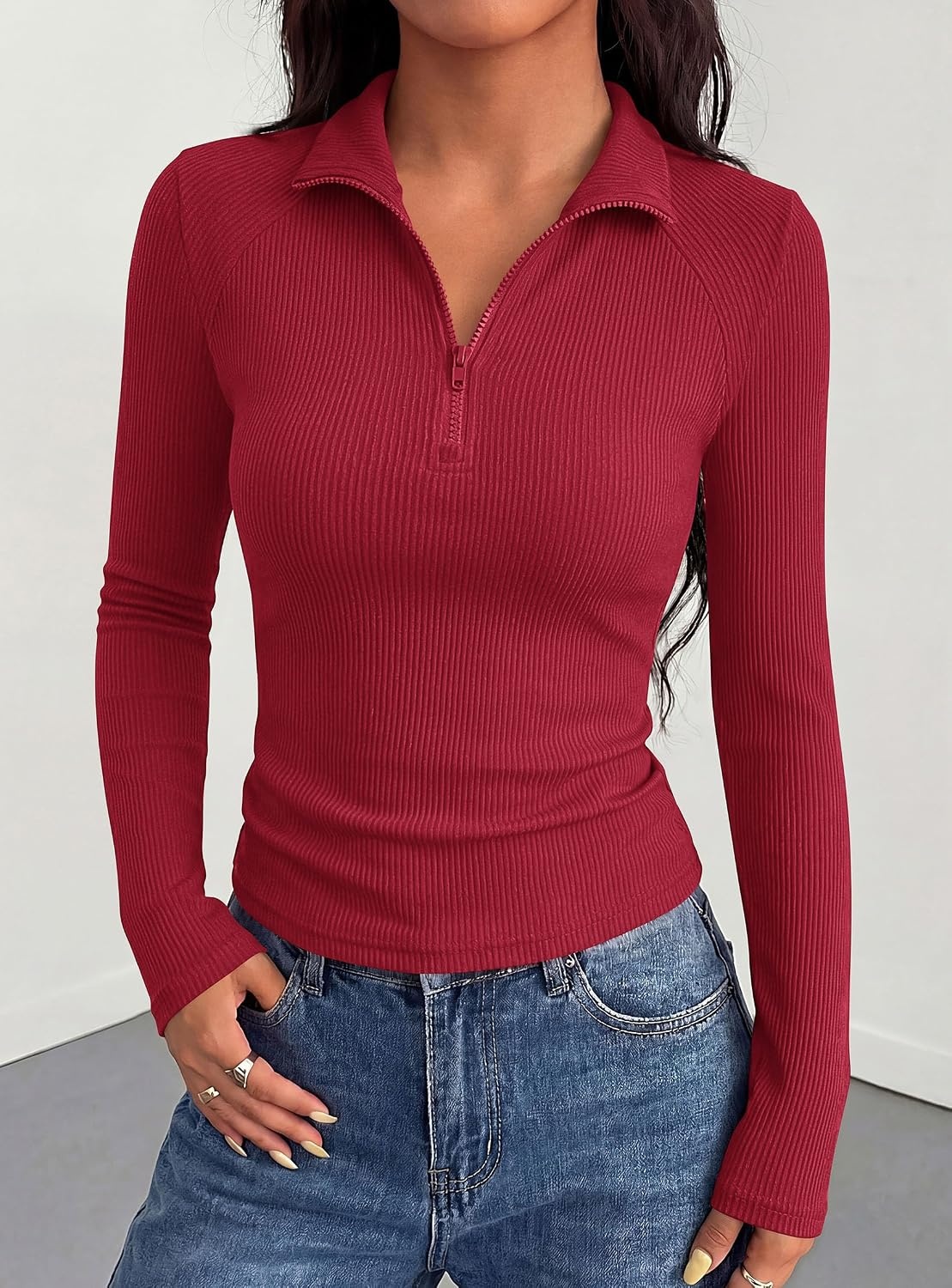 image:imagePRETTYGARDEN Womens Fall Quarter Zip Long Sleeve ShirtsRed