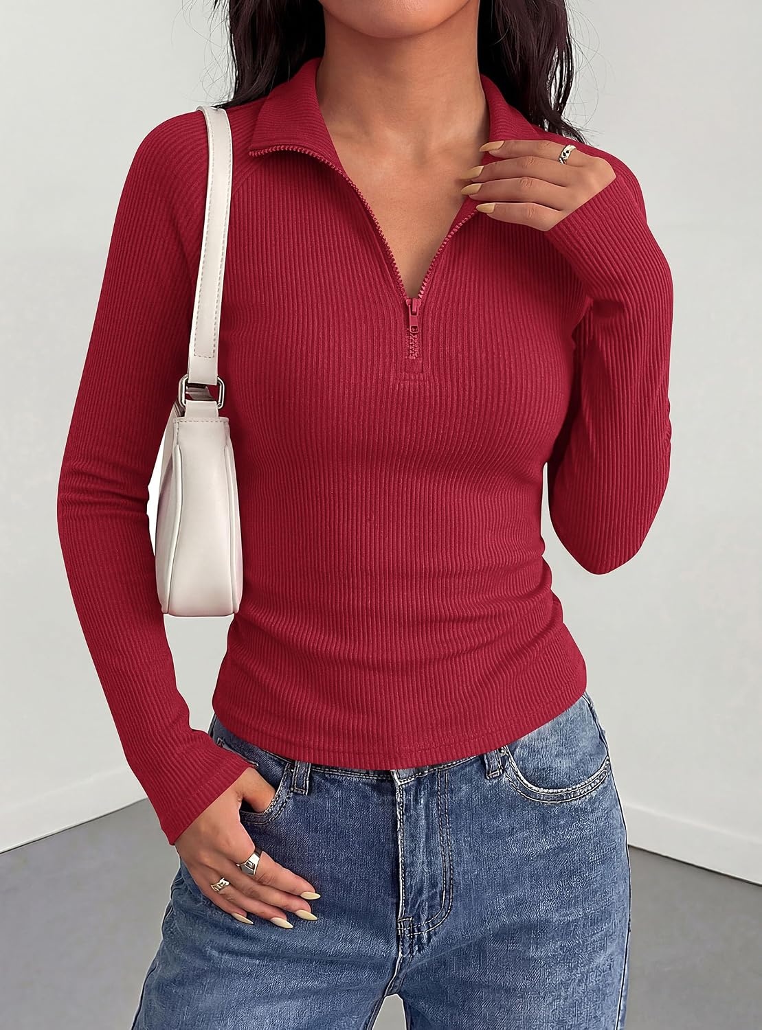 image:imagePRETTYGARDEN Womens Fall Quarter Zip Long Sleeve ShirtsRed