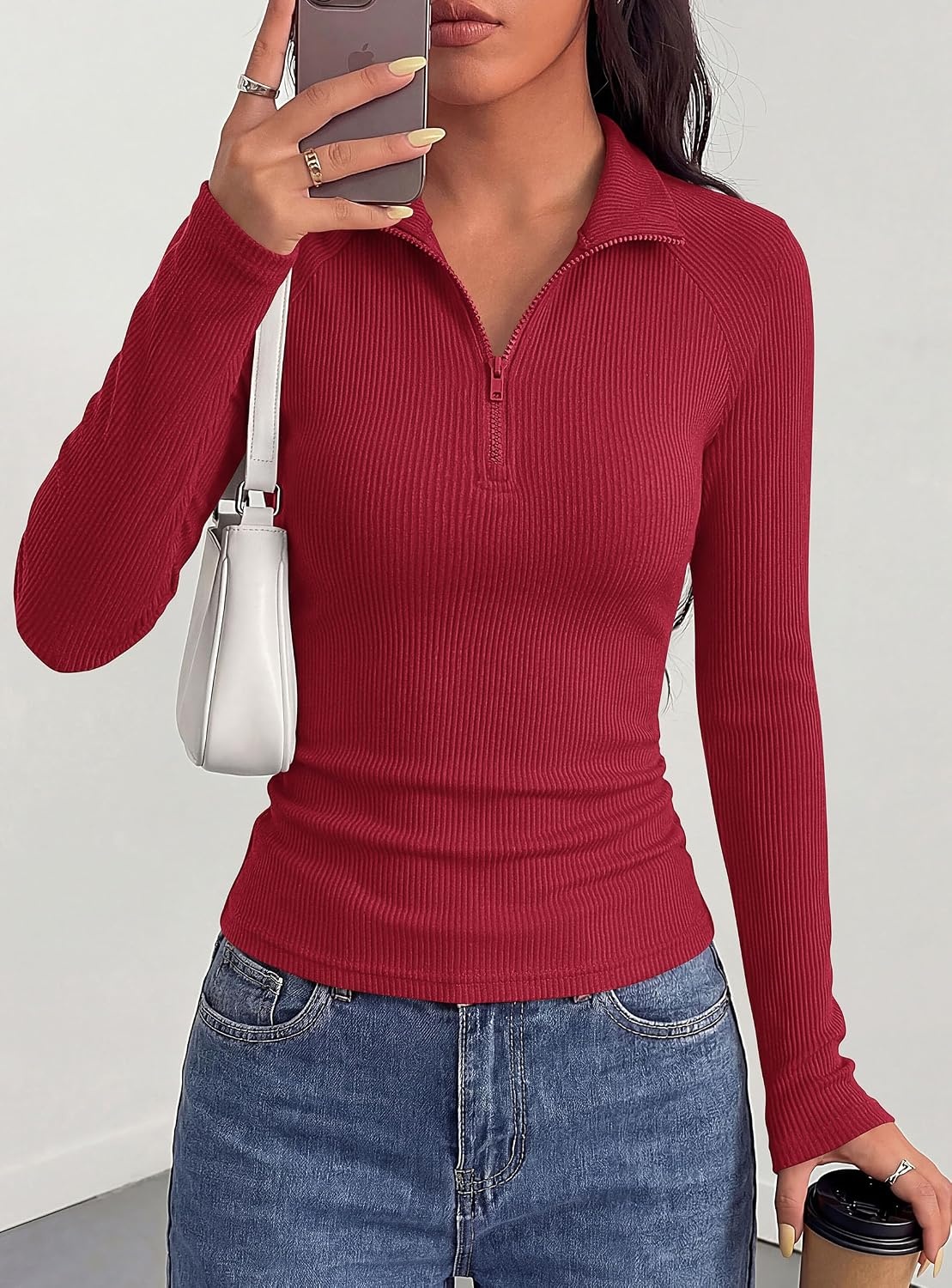 image:imagePRETTYGARDEN Womens Fall Quarter Zip Long Sleeve ShirtsRed