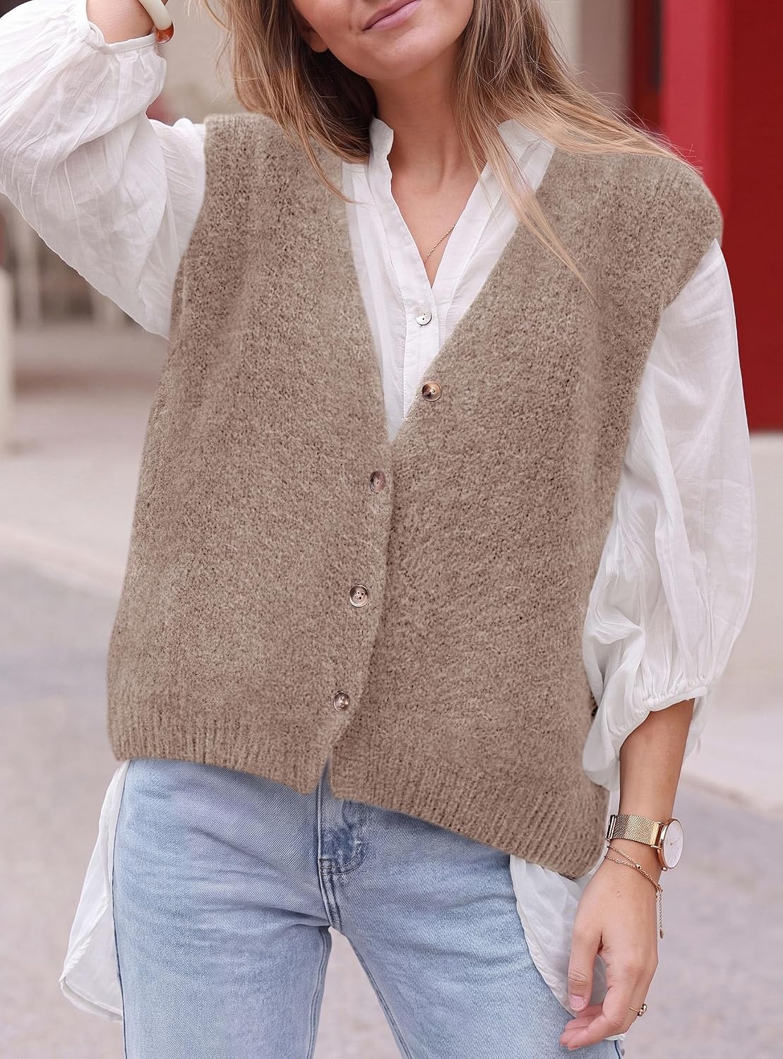 image:imagePRETTYGARDEN Womens Fall Sleeveless Button Down Sweater VestApricot