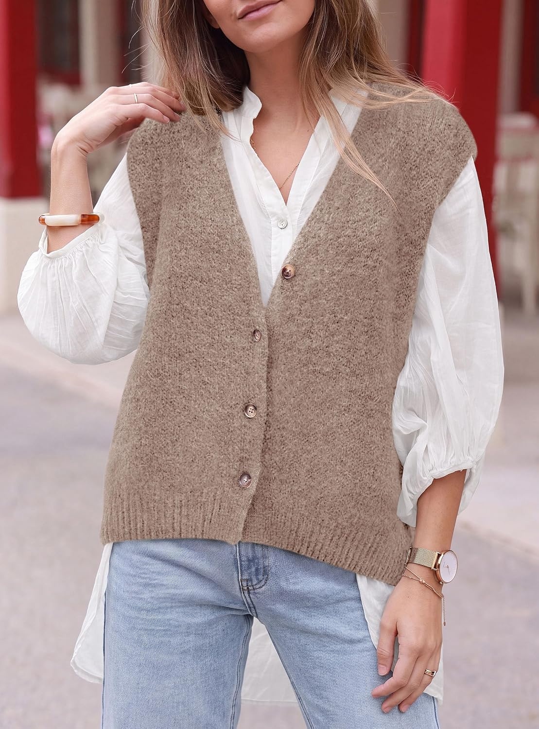 image:imagePRETTYGARDEN Womens Fall Sleeveless Button Down Sweater VestApricot